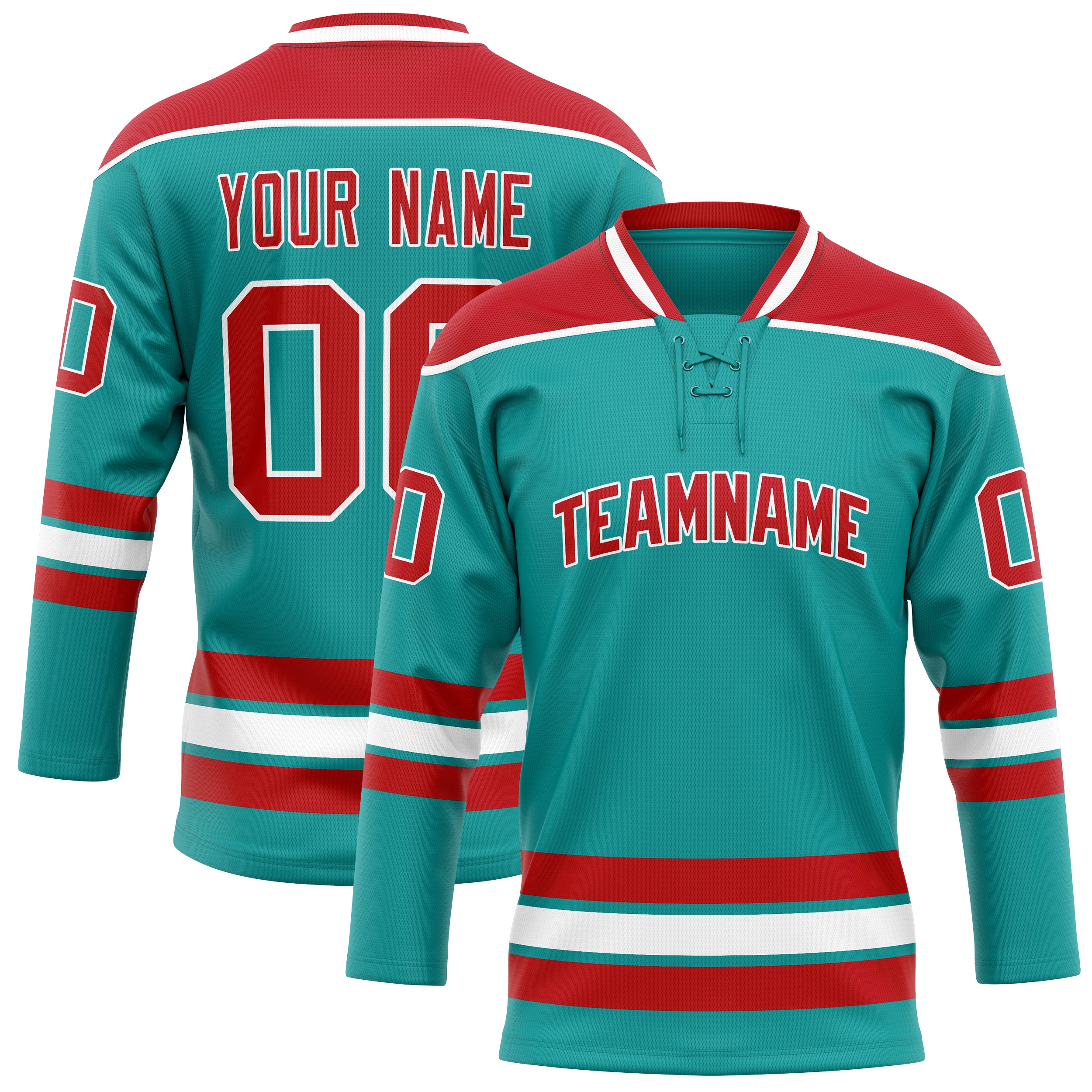 Personalized Aqua & Red Solid Colour Hockey Jersey