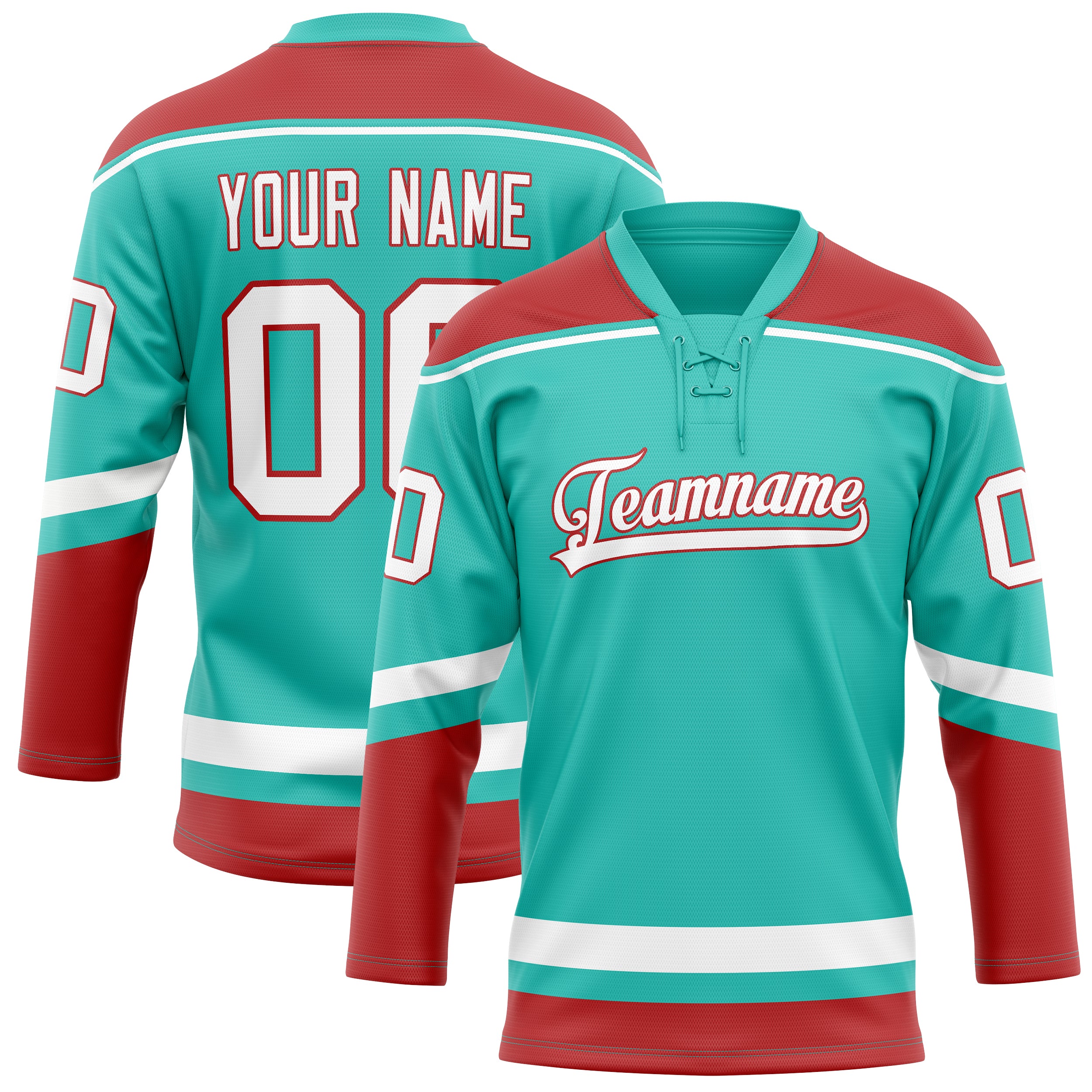 Personalized Aqua & Red Solid Colour Hockey Jersey