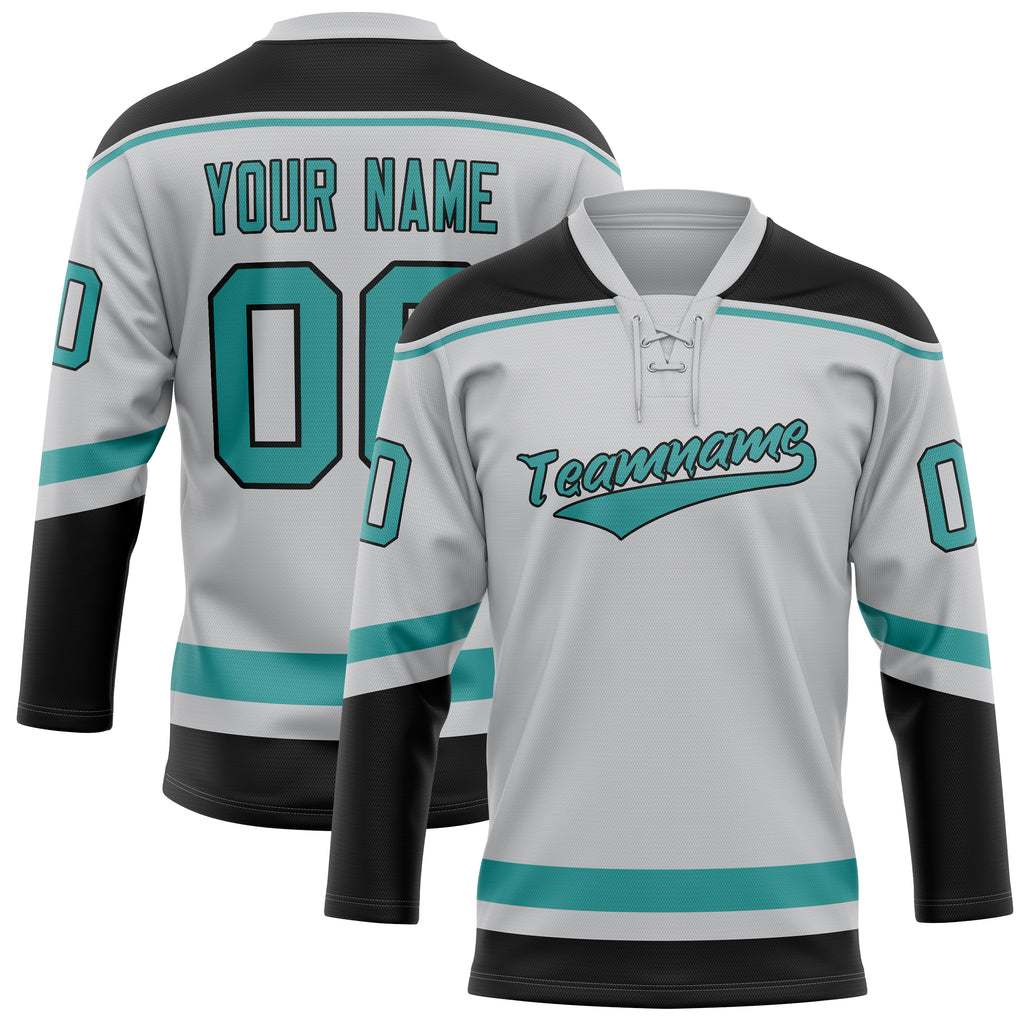 Personalized Gray & Teal Solid Colour Hockey Jersey