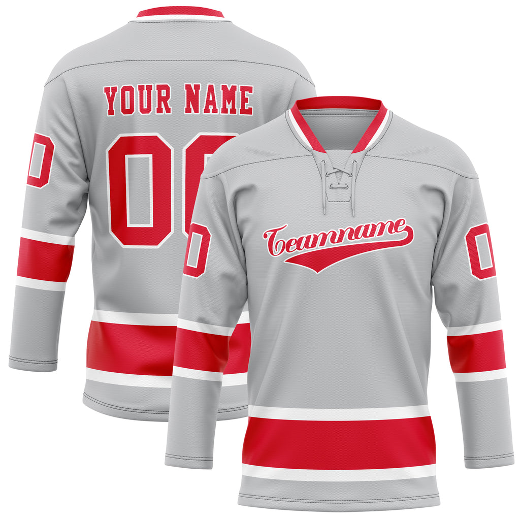 Personalized Gray & Red Solid Colour Hockey Jersey