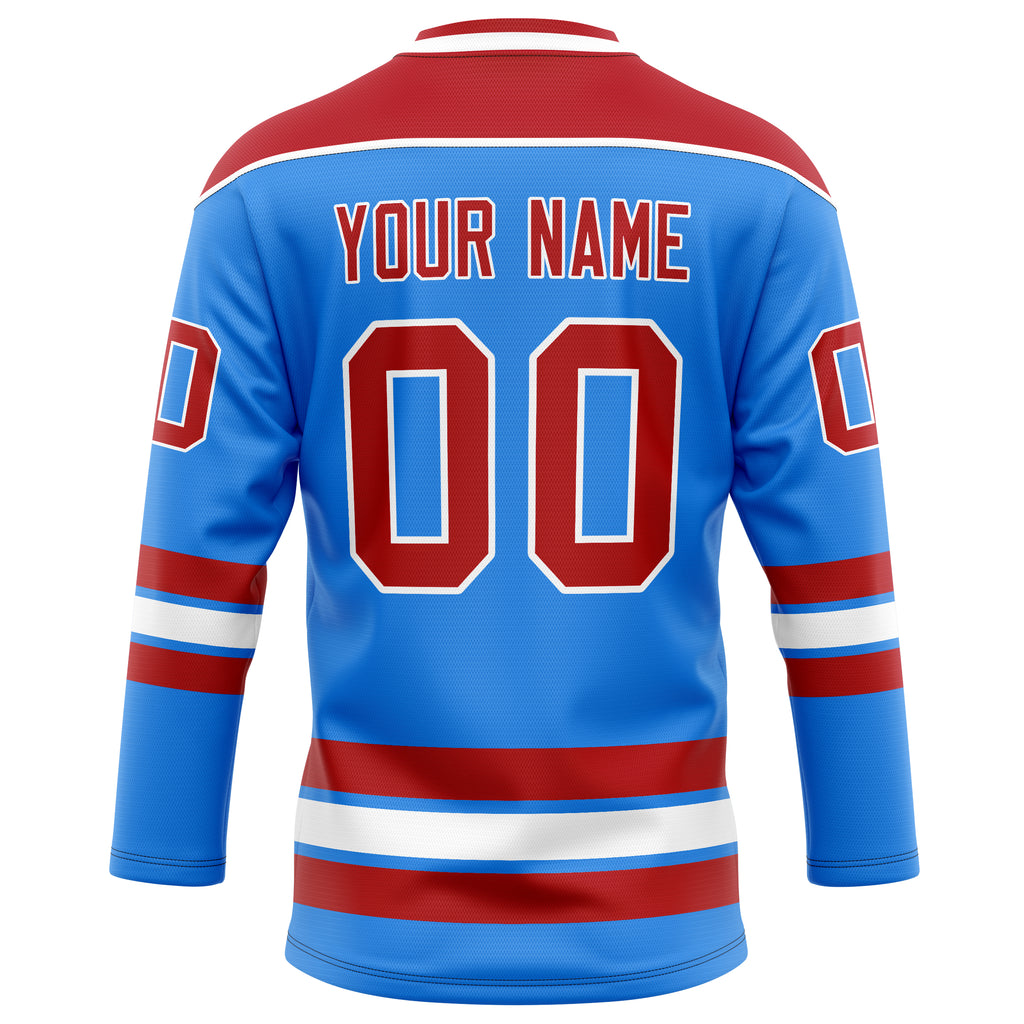 Personalized Powder & Blue Red Solid Colour Hockey Jersey