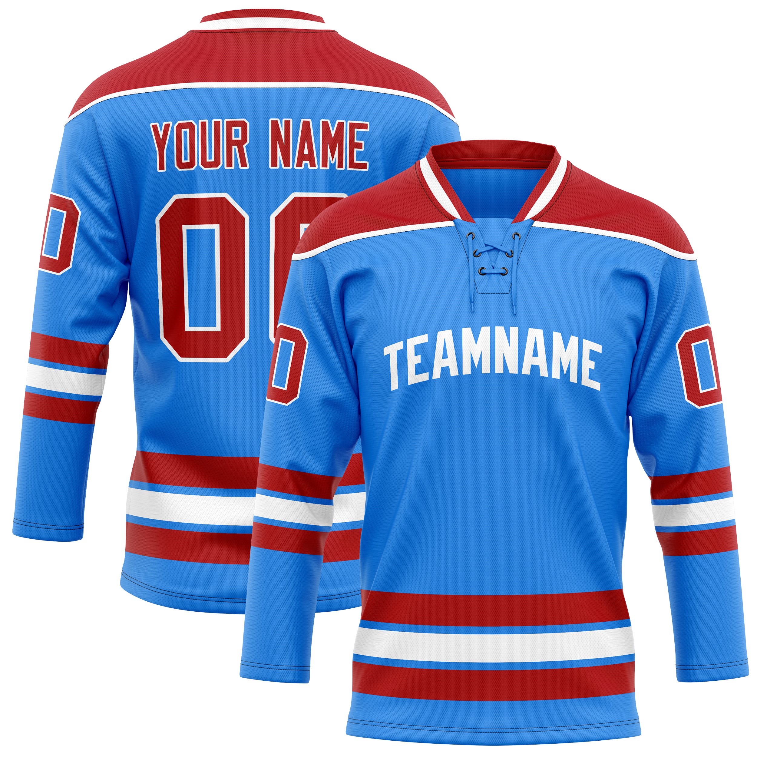 Personalized Powder & Blue Red Solid Colour Hockey Jersey