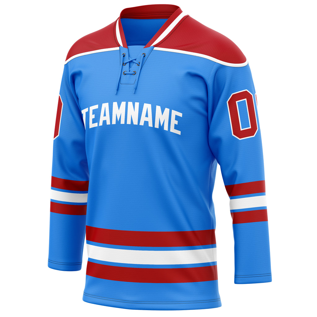 Personalized Powder & Blue Red Solid Colour Hockey Jersey
