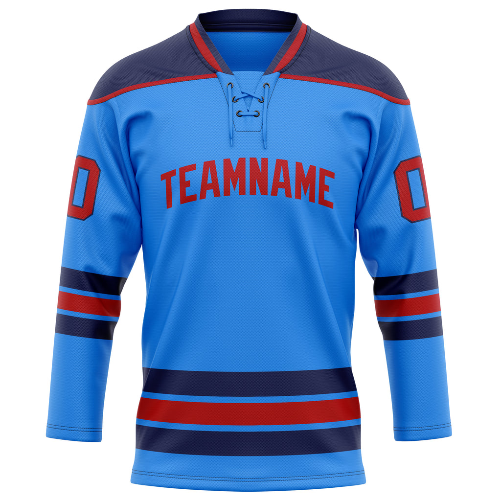 Personalized Powder & Blue Red Solid Colour Hockey Jersey