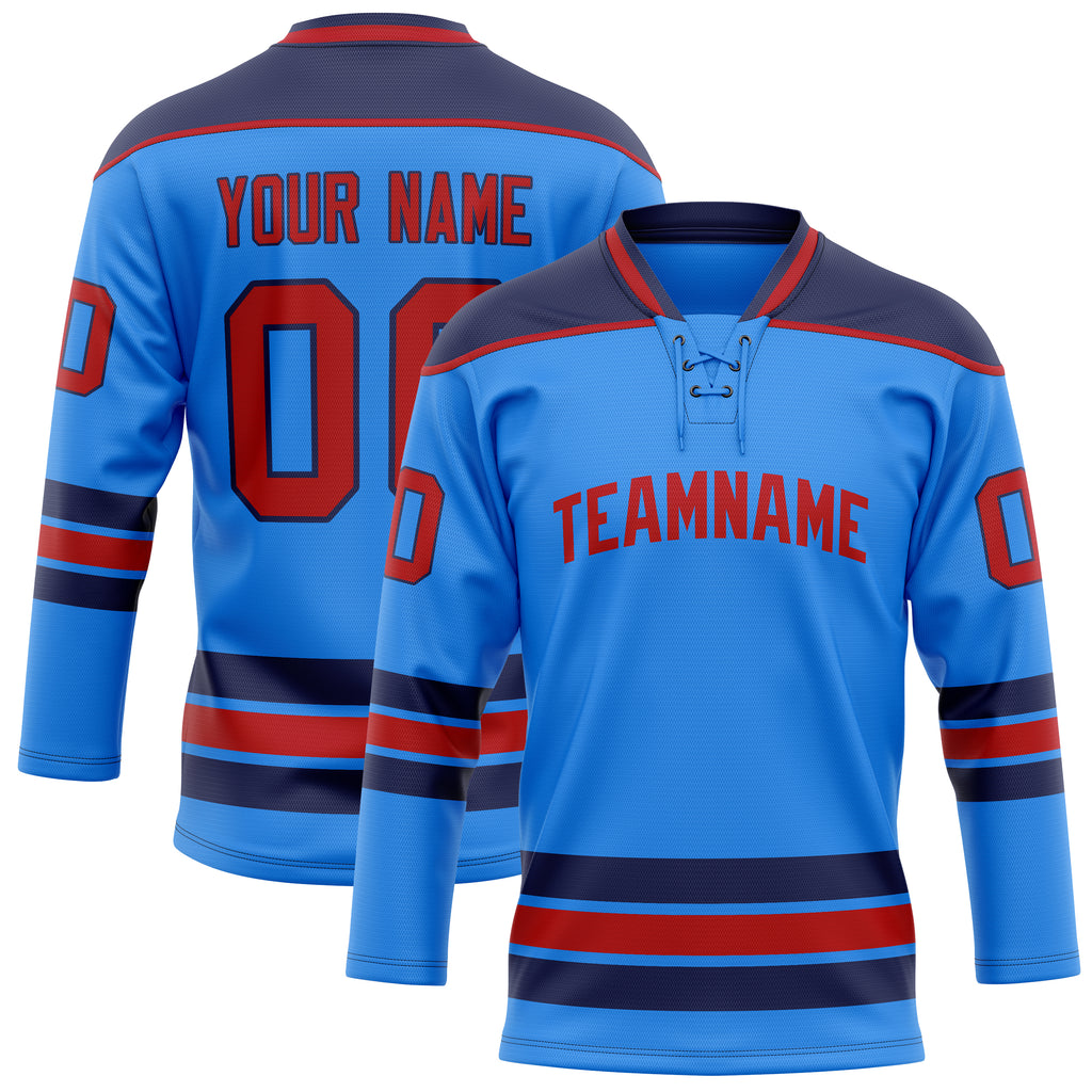 Personalized Powder & Blue Red Solid Colour Hockey Jersey