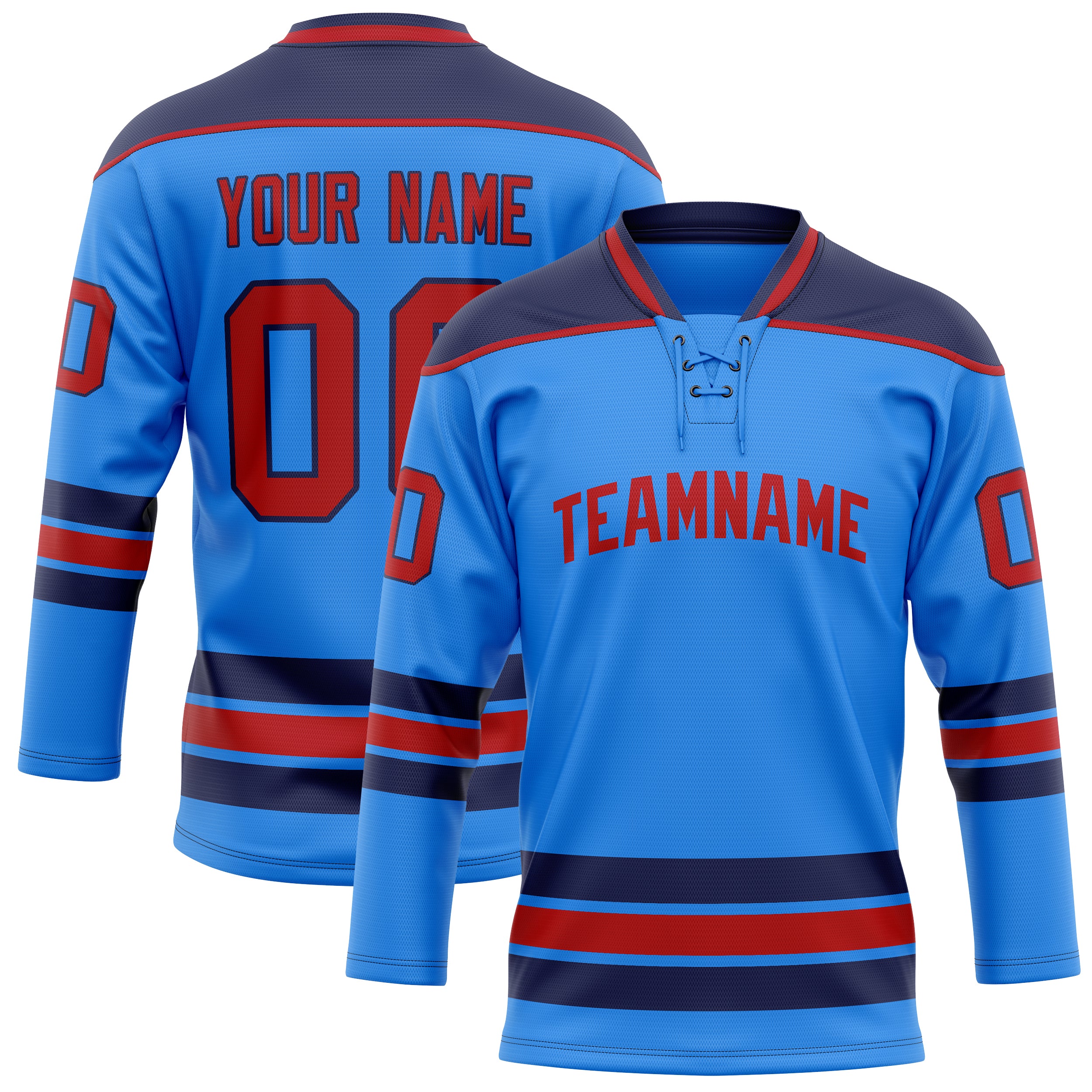 Personalized Powder & Blue Red Solid Colour Hockey Jersey