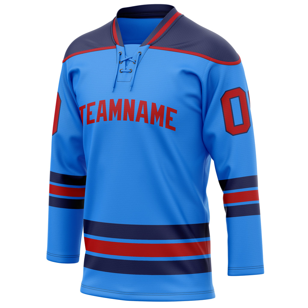 Personalized Powder & Blue Red Solid Colour Hockey Jersey