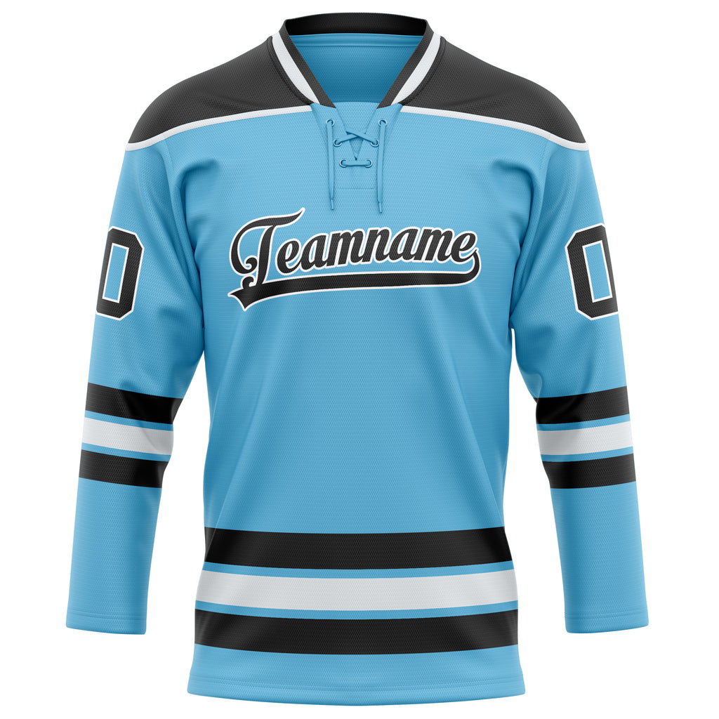 Personalized Sky & Blue Black Solid Colour Hockey Jersey