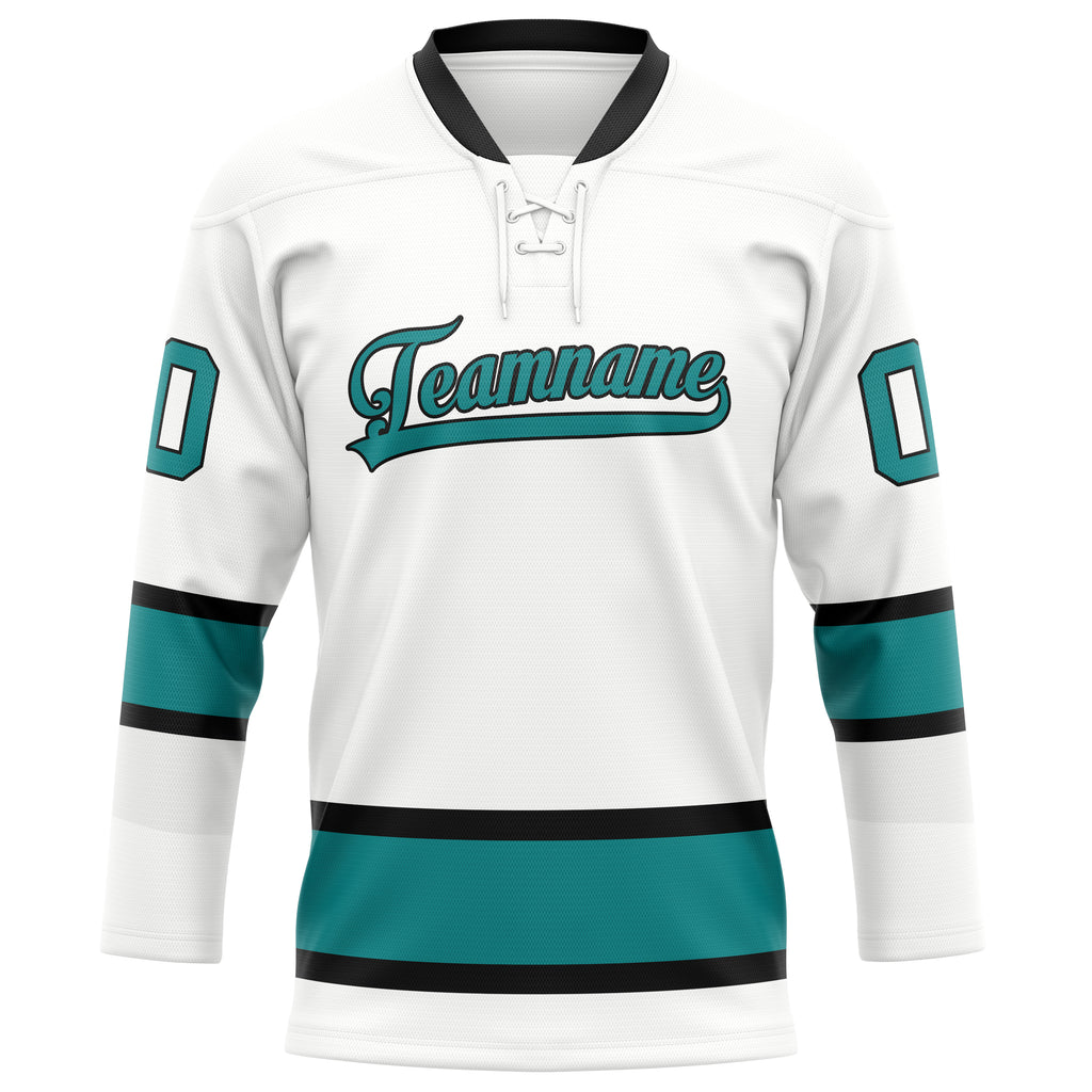 Personalized White & Teal Solid Colour Hockey Jersey