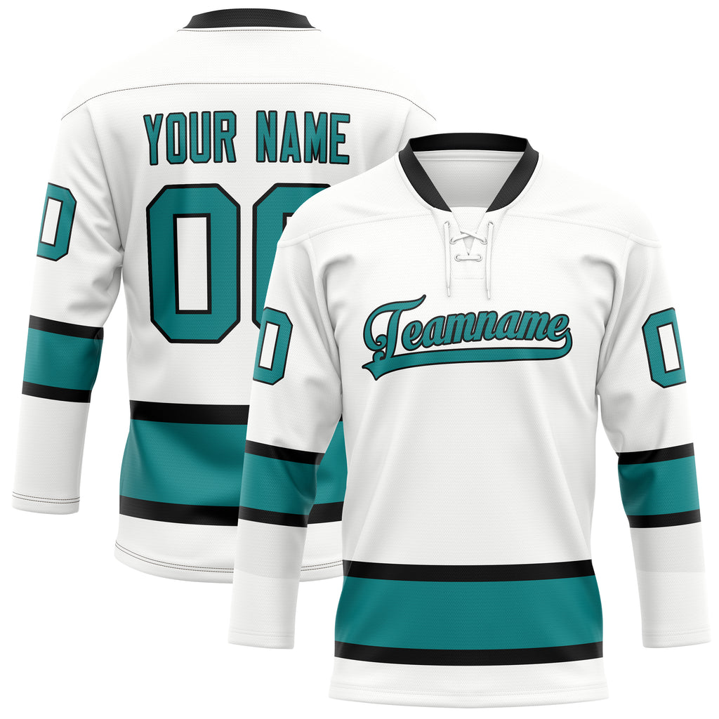 Personalized White & Teal Solid Colour Hockey Jersey