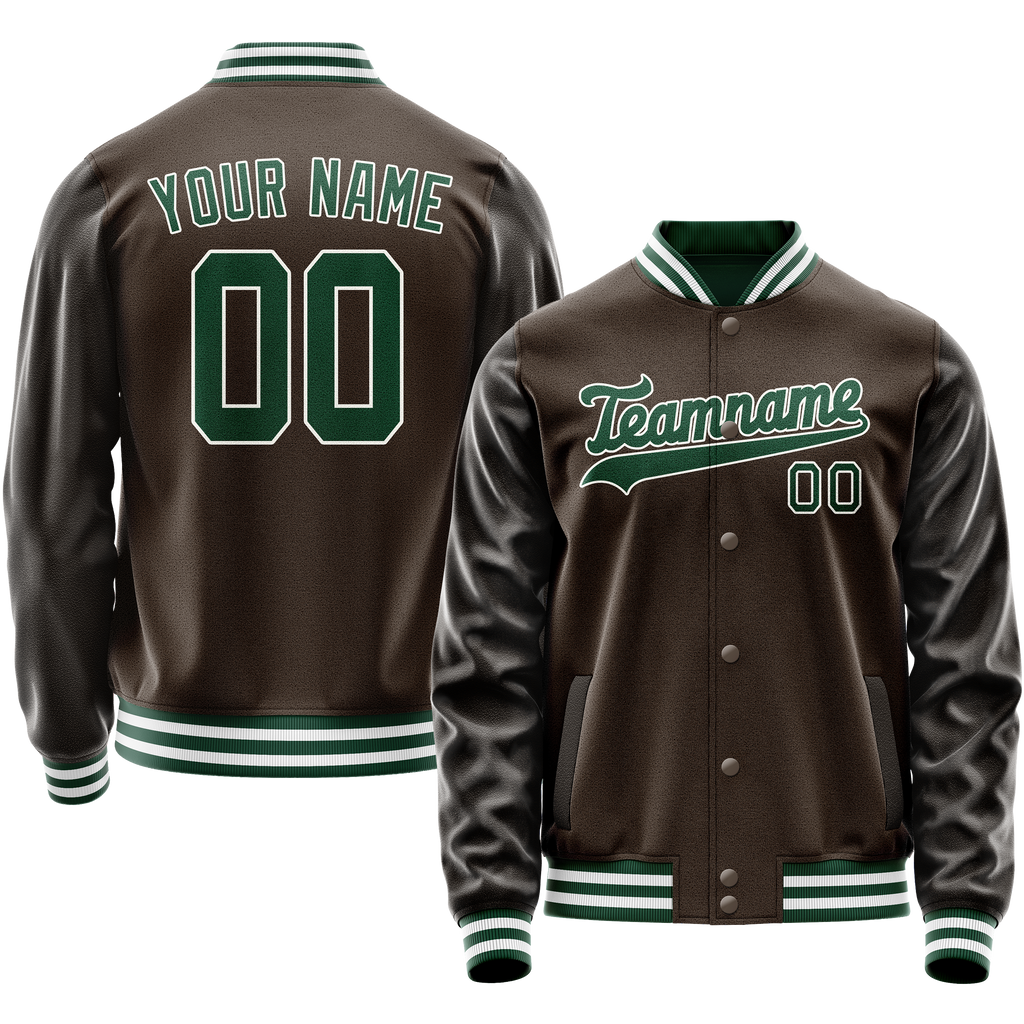 Personalized Brown & Green Solid Color Varsity Letterman Jacket