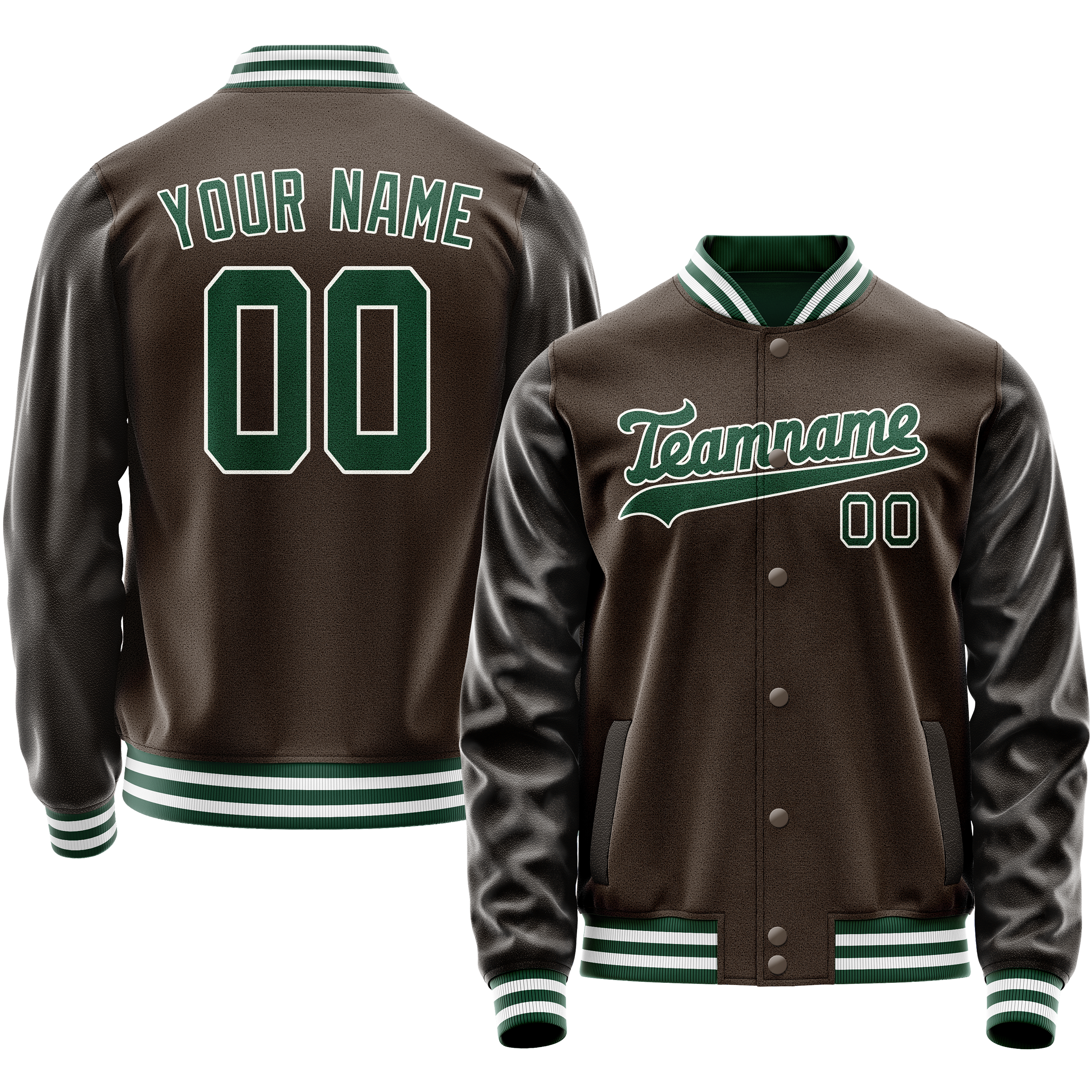 Personalized Brown & Green Solid Color Varsity Letterman Jacket