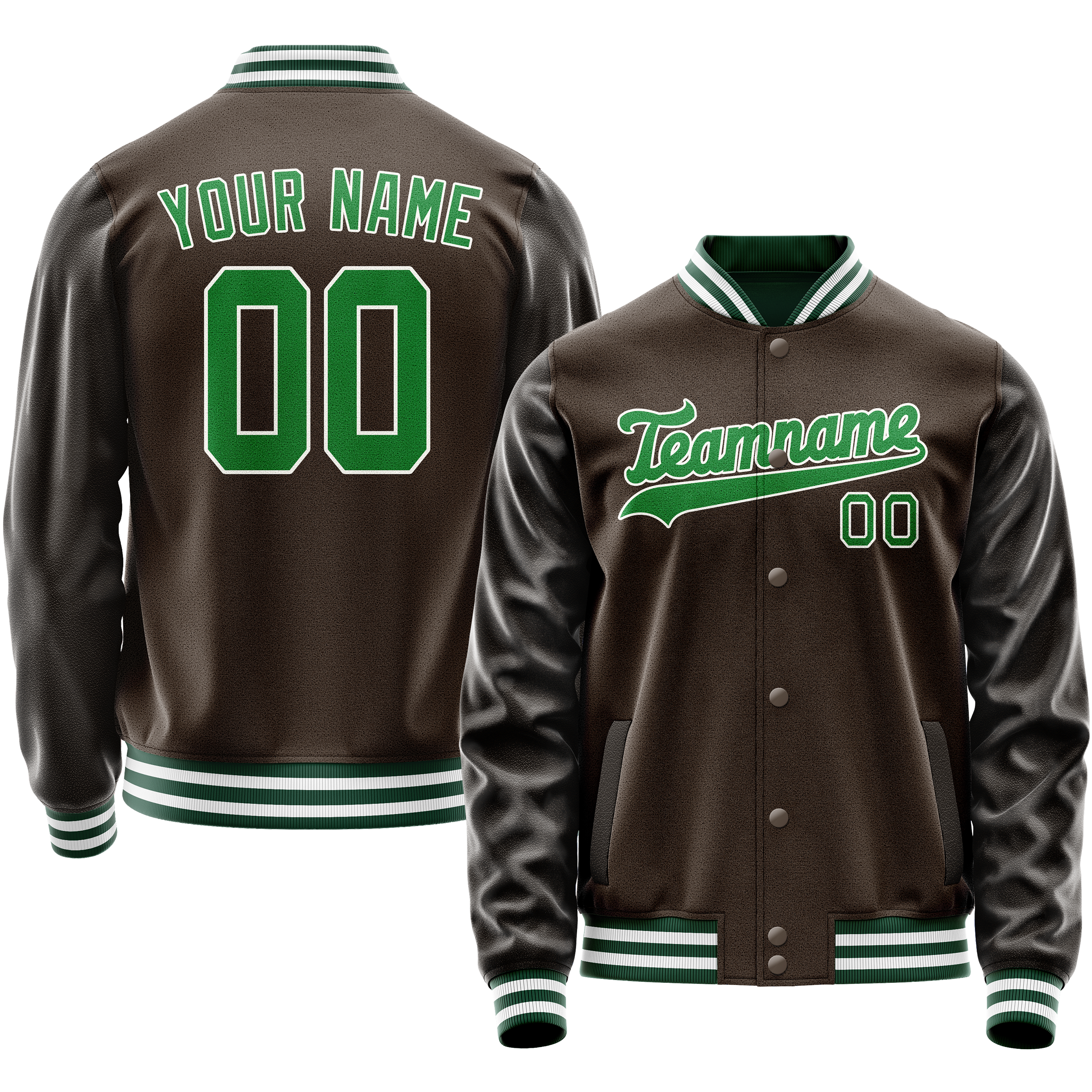 Personalized Brown & Neon-Green Solid Color Varsity Letterman Jacket