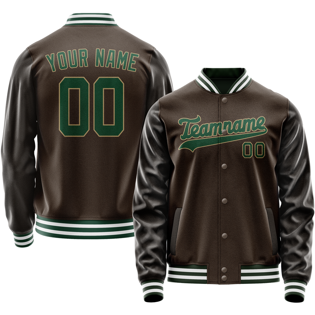 Personalized Brown & Green Solid Color Varsity Letterman Jacket
