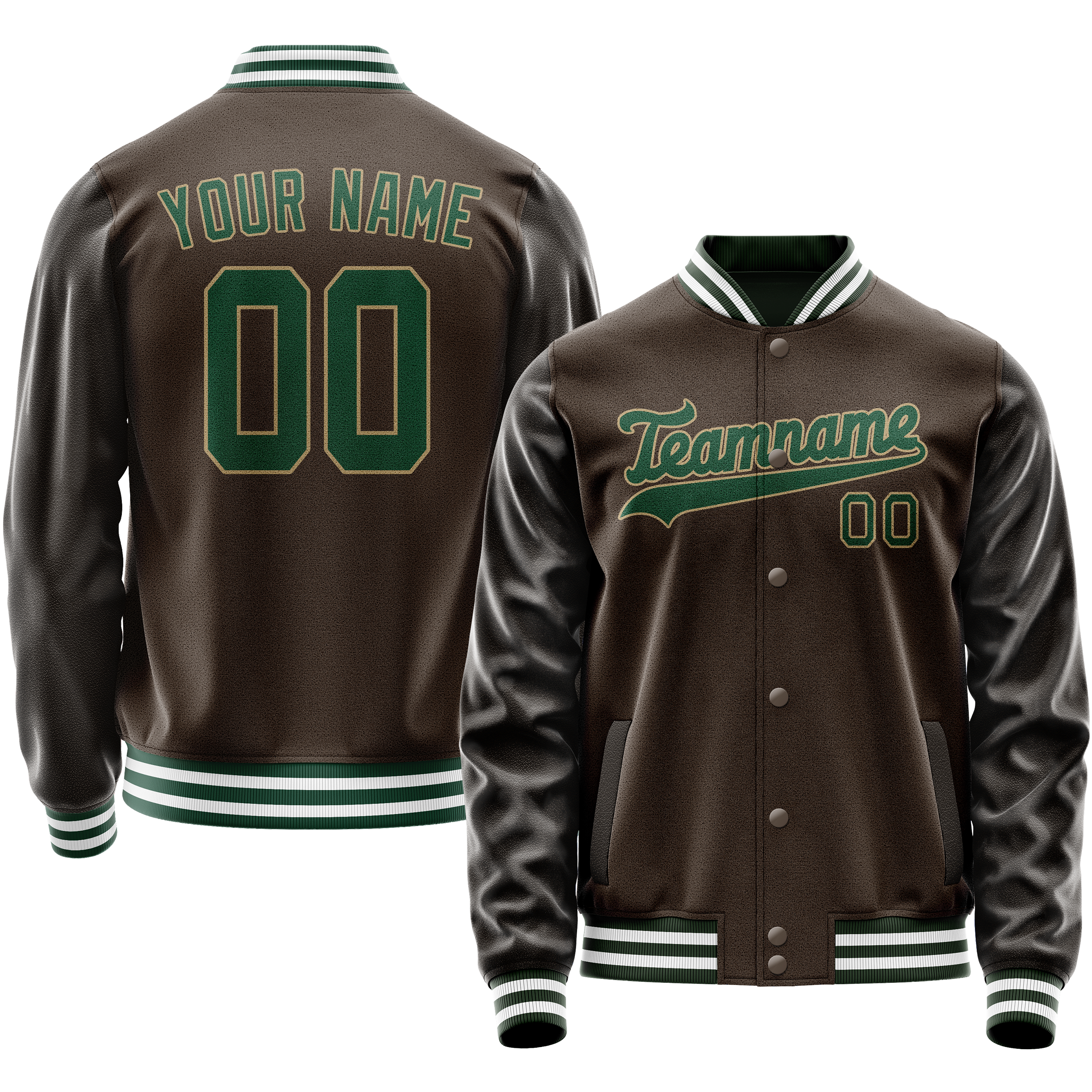 Personalized Brown & Green Solid Color Varsity Letterman Jacket