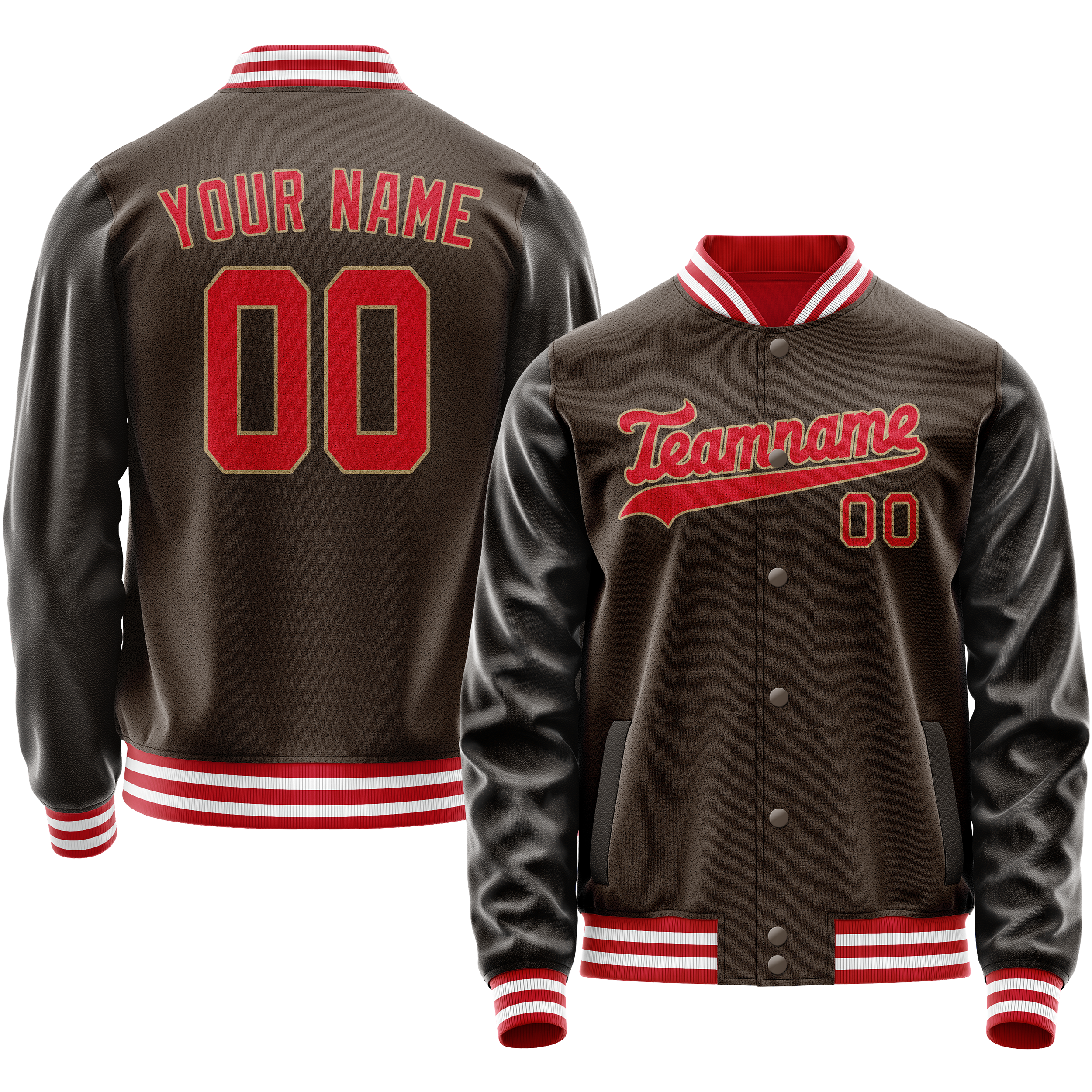 Personalized Brown & Red Solid Color Varsity Letterman Jacket