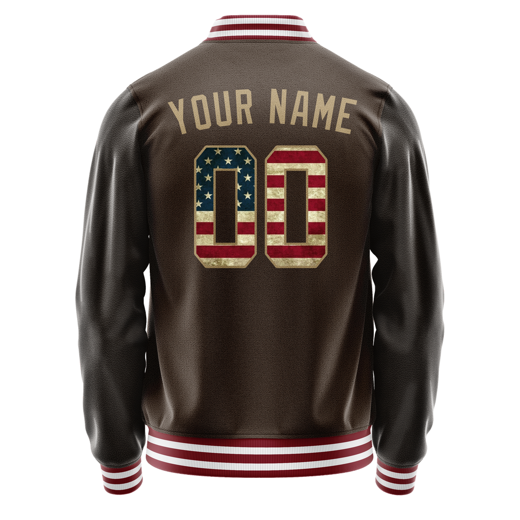 Personalized Brown & Cream Vintage Usa Flag Varsity Letterman Jacket