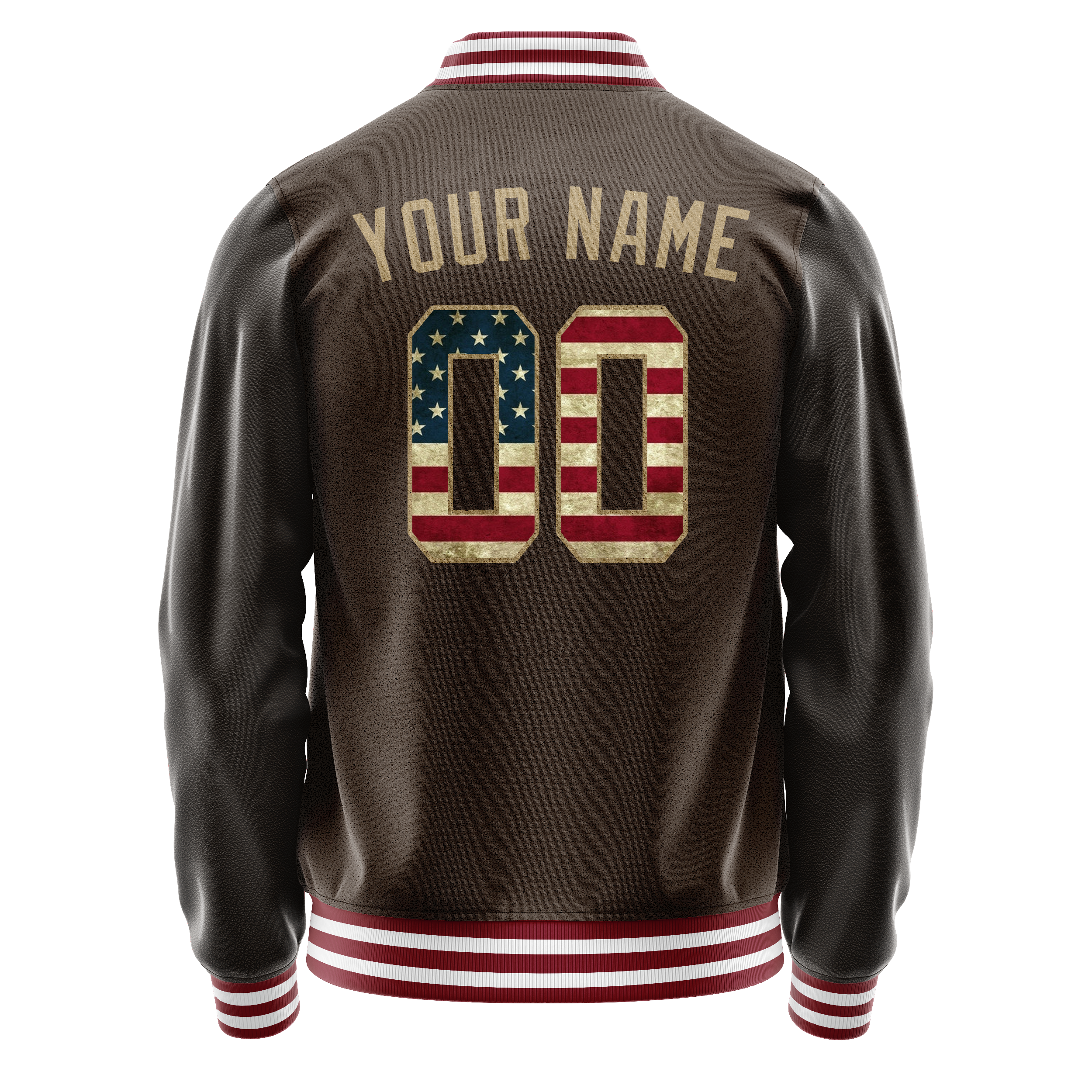 Personalized Brown & Cream Vintage Usa Flag Varsity Letterman Jacket
