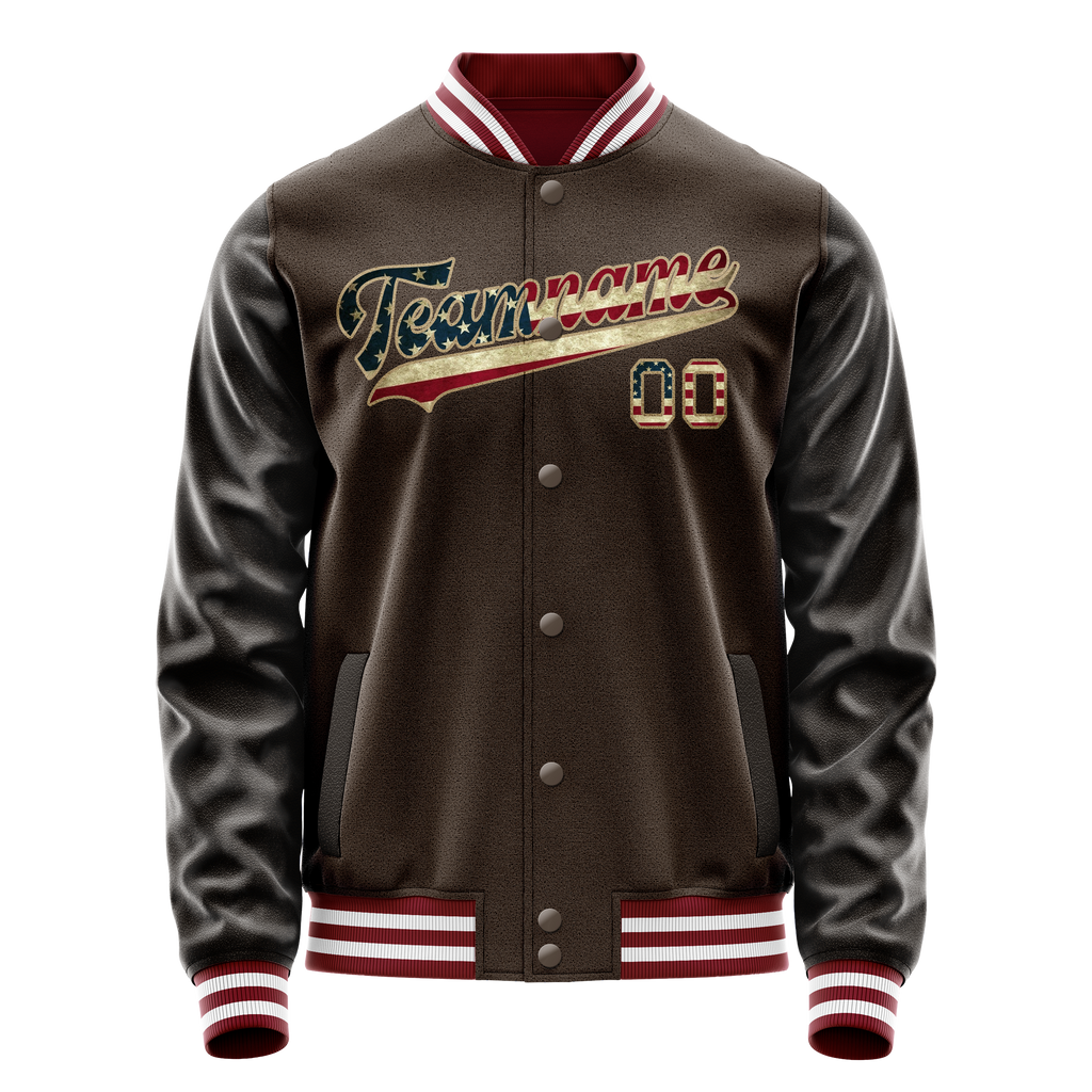 Personalized Brown & Cream Vintage Usa Flag Varsity Letterman Jacket