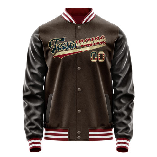 Personalized Brown & Cream Vintage Usa Flag Varsity Letterman Jacket