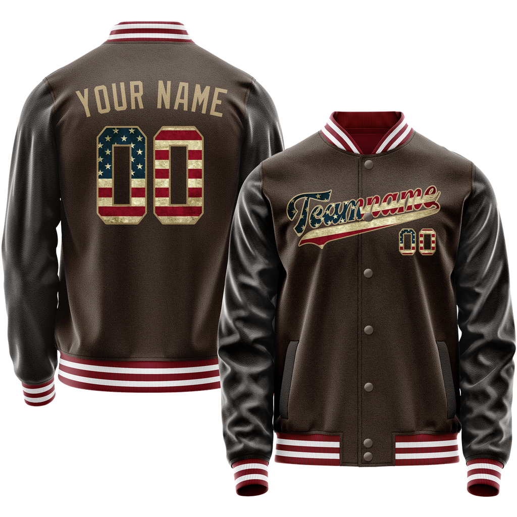 Personalized Brown & Cream Vintage Usa Flag Varsity Letterman Jacket