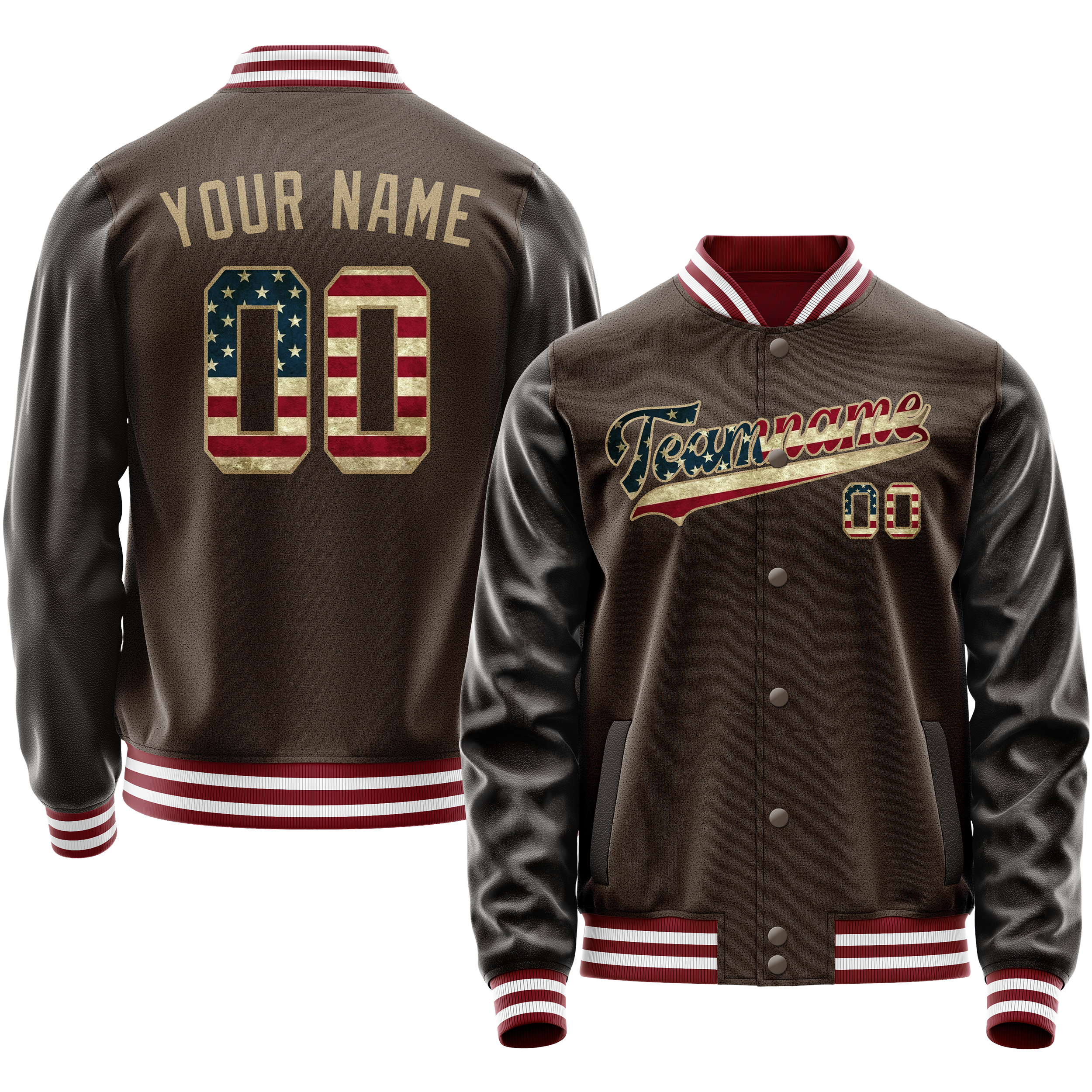 Personalized Brown & Cream Vintage Usa Flag Varsity Letterman Jacket