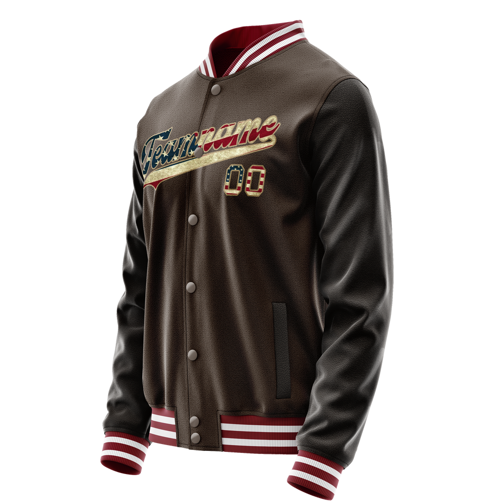 Personalized Brown & Cream Vintage Usa Flag Varsity Letterman Jacket