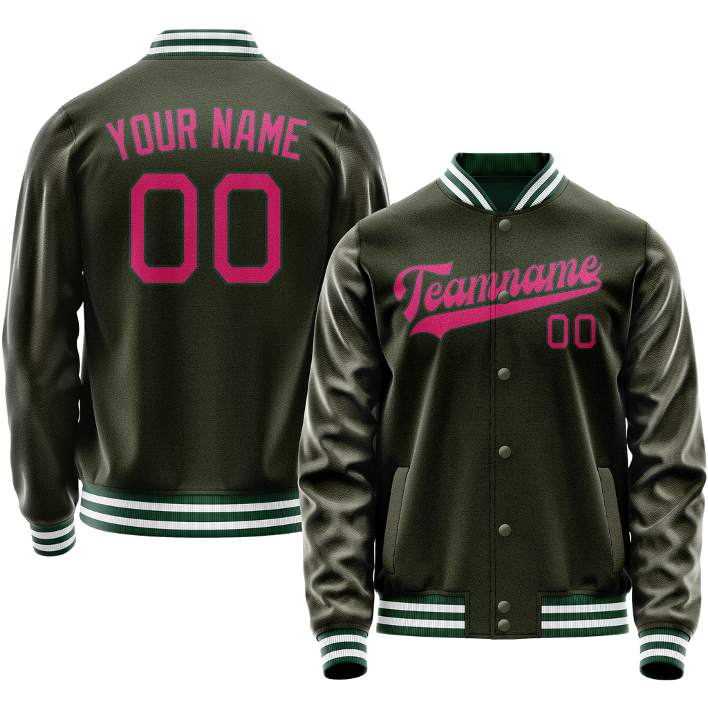 Personalized Olive & Pink Solid Color Varsity Letterman Jacket