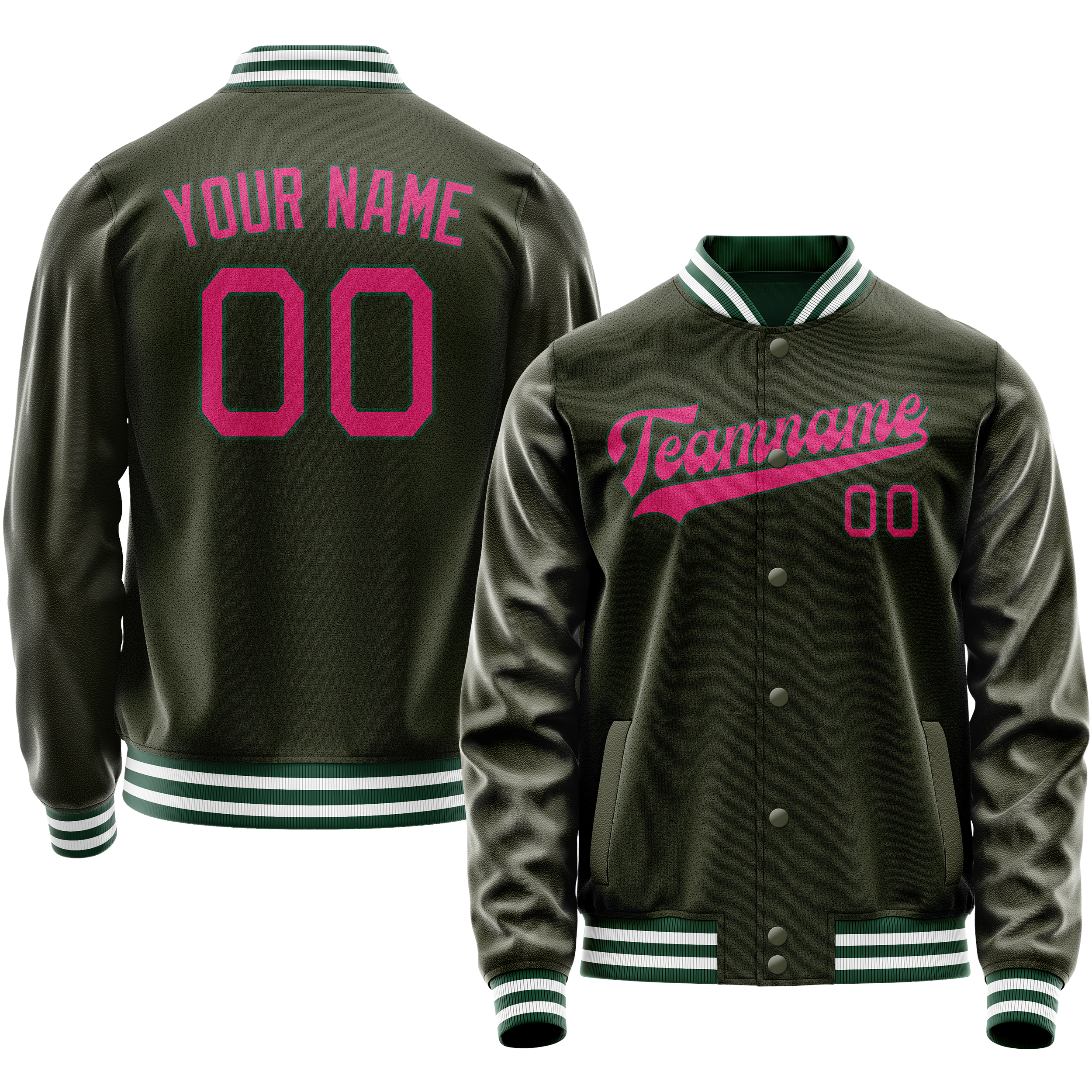 Personalized Olive & Pink Solid Color Varsity Letterman Jacket