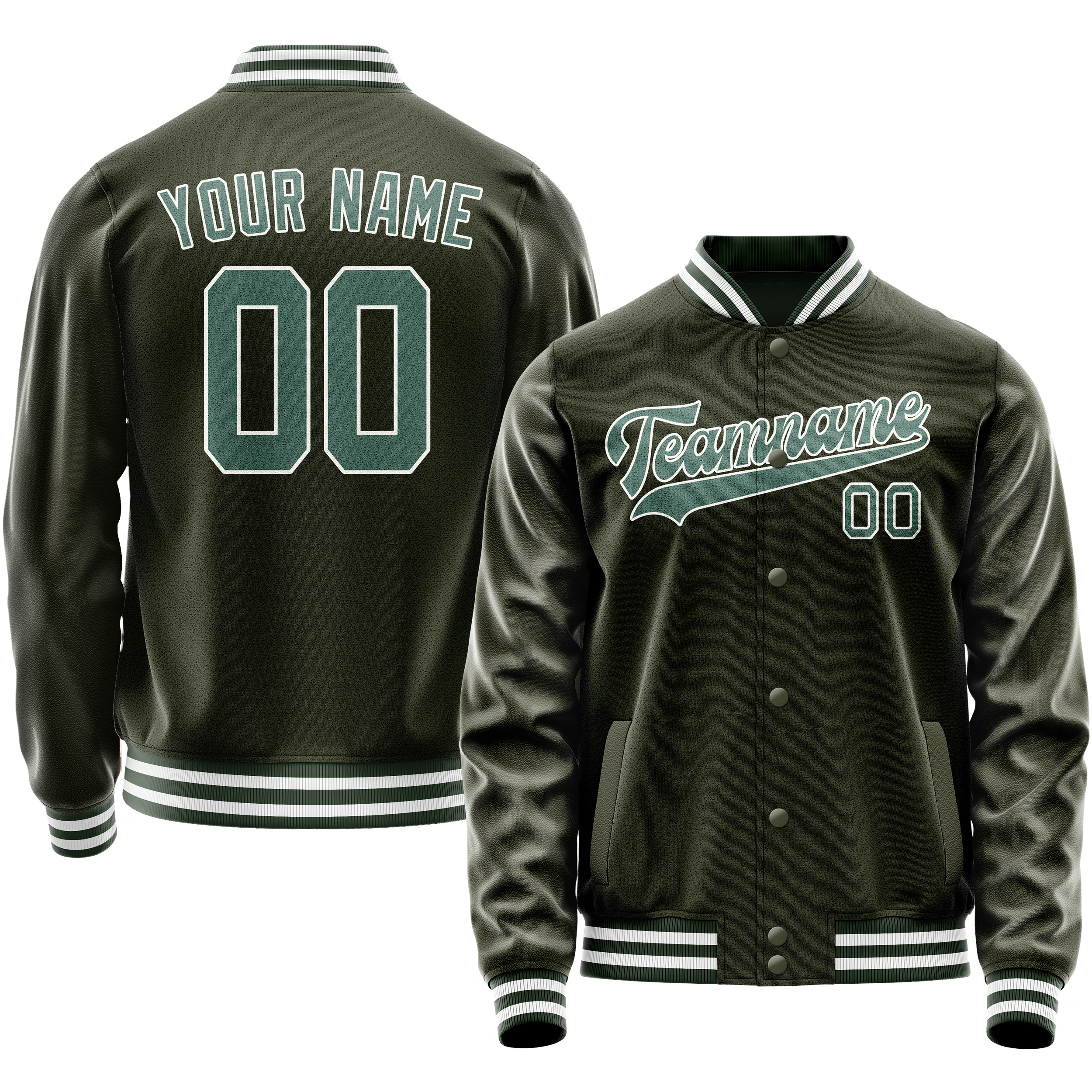 Personalized Olive & Teal Solid Color Varsity Letterman Jacket