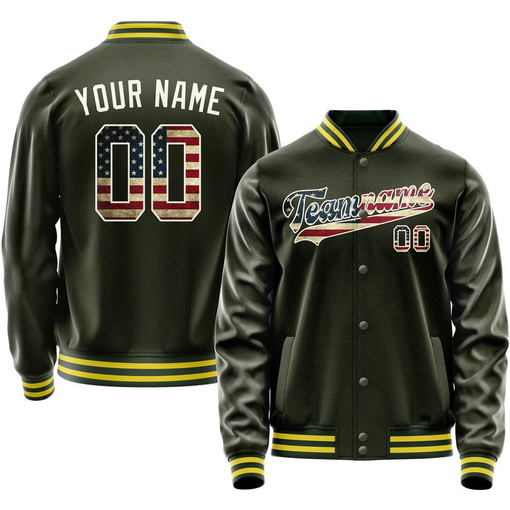Personalized Olive & Cream Vintage Usa Flag Varsity Letterman Jacket