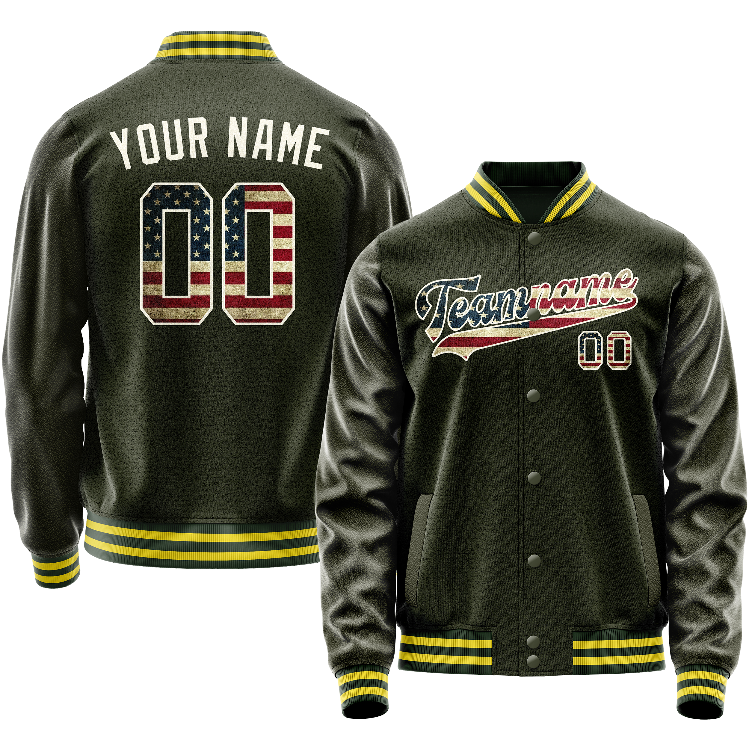 Personalized Olive & Cream Vintage Usa Flag Varsity Letterman Jacket