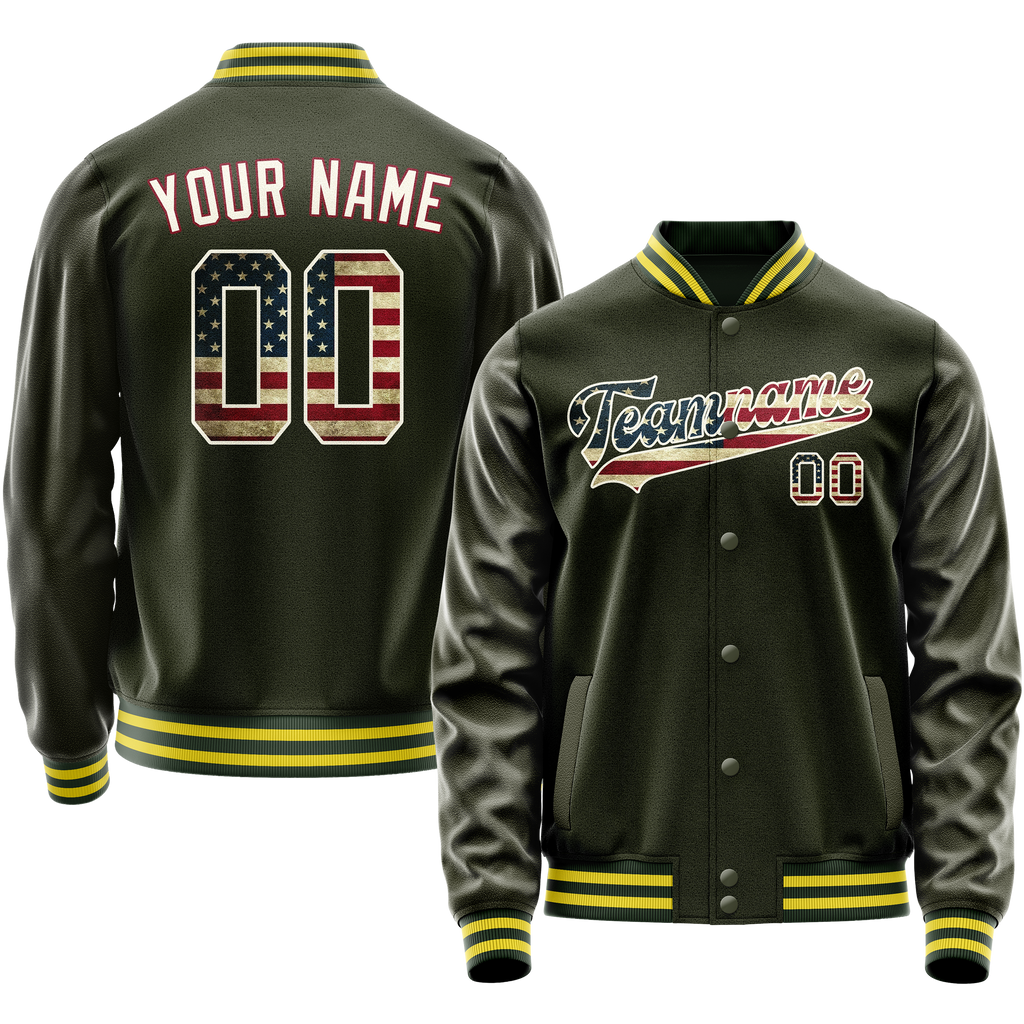 Personalized Olive & Cream Vintage Usa Flag Varsity Letterman Jacket