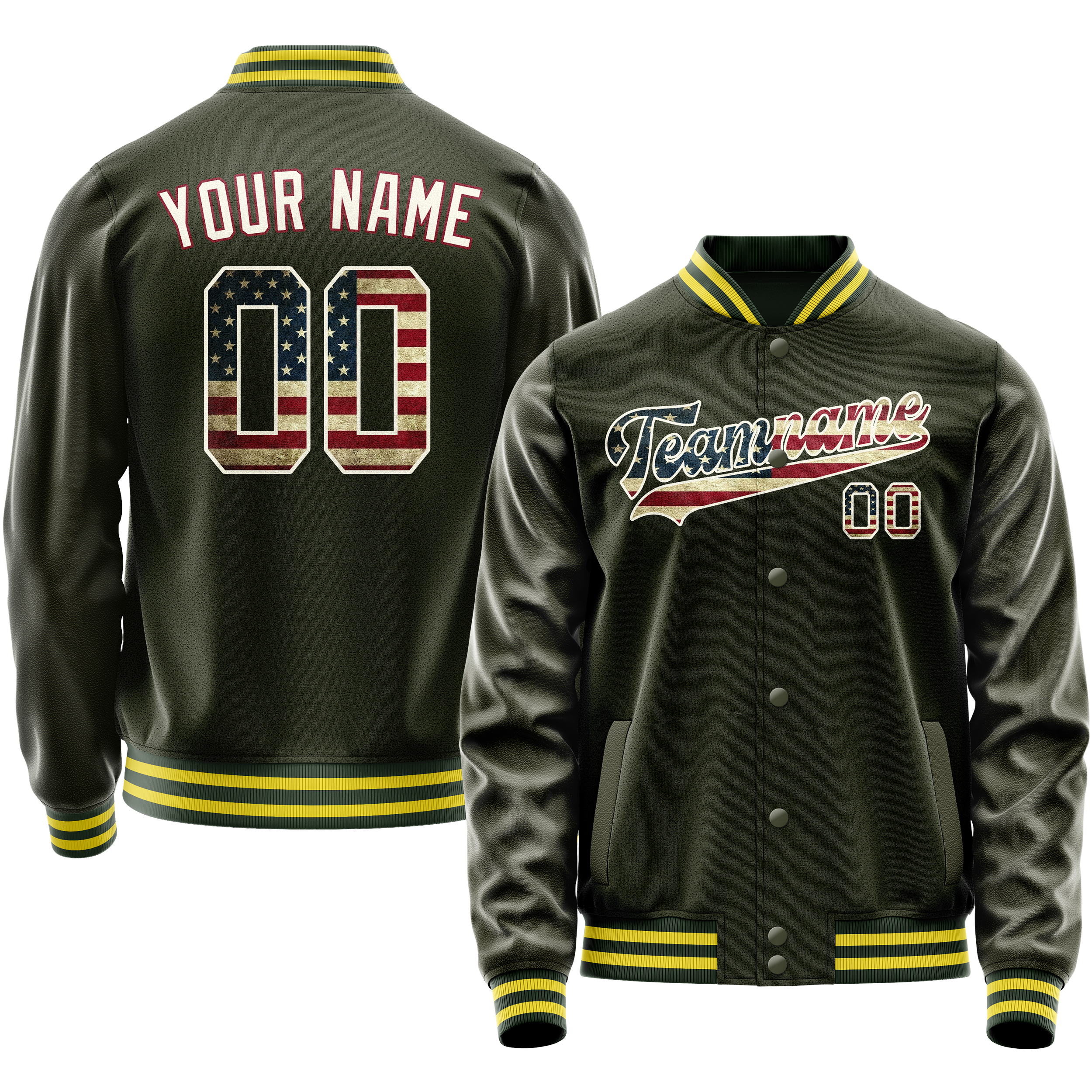 Personalized Olive & Cream Vintage Usa Flag Varsity Letterman Jacket