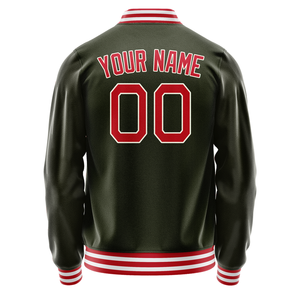 Personalized Olive & Red Solid Color Varsity Letterman Jacket