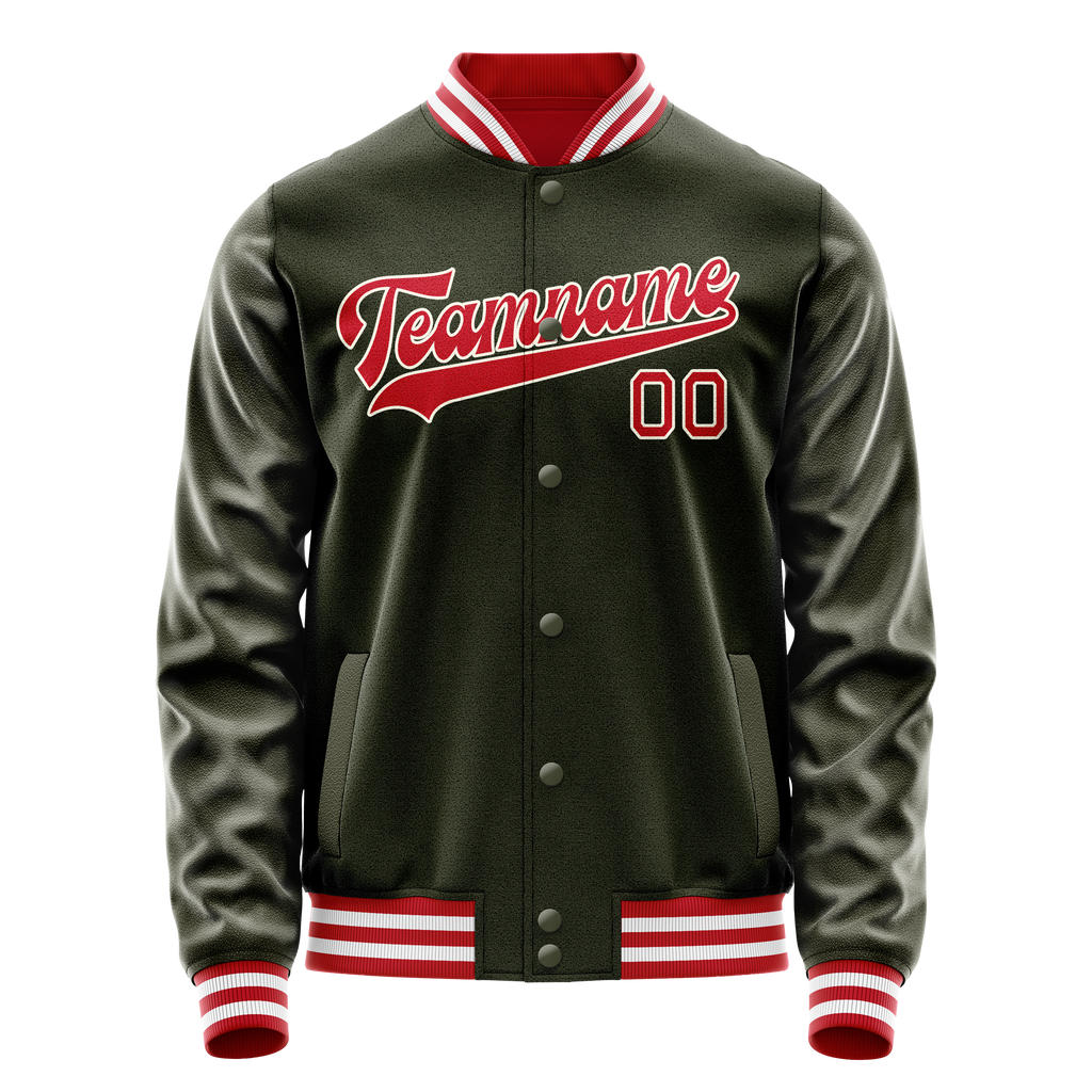 Personalized Olive & Red Solid Color Varsity Letterman Jacket