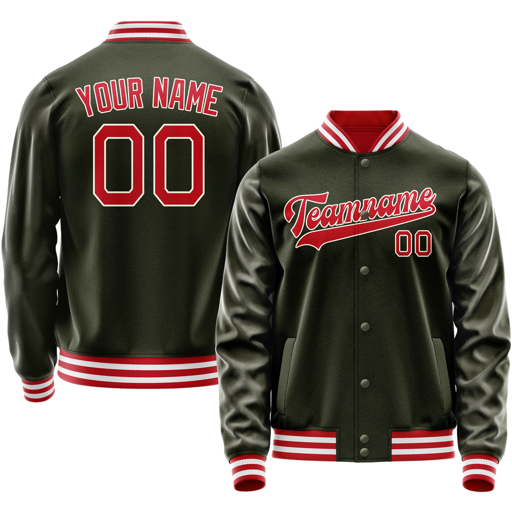 Personalized Olive & Red Solid Color Varsity Letterman Jacket