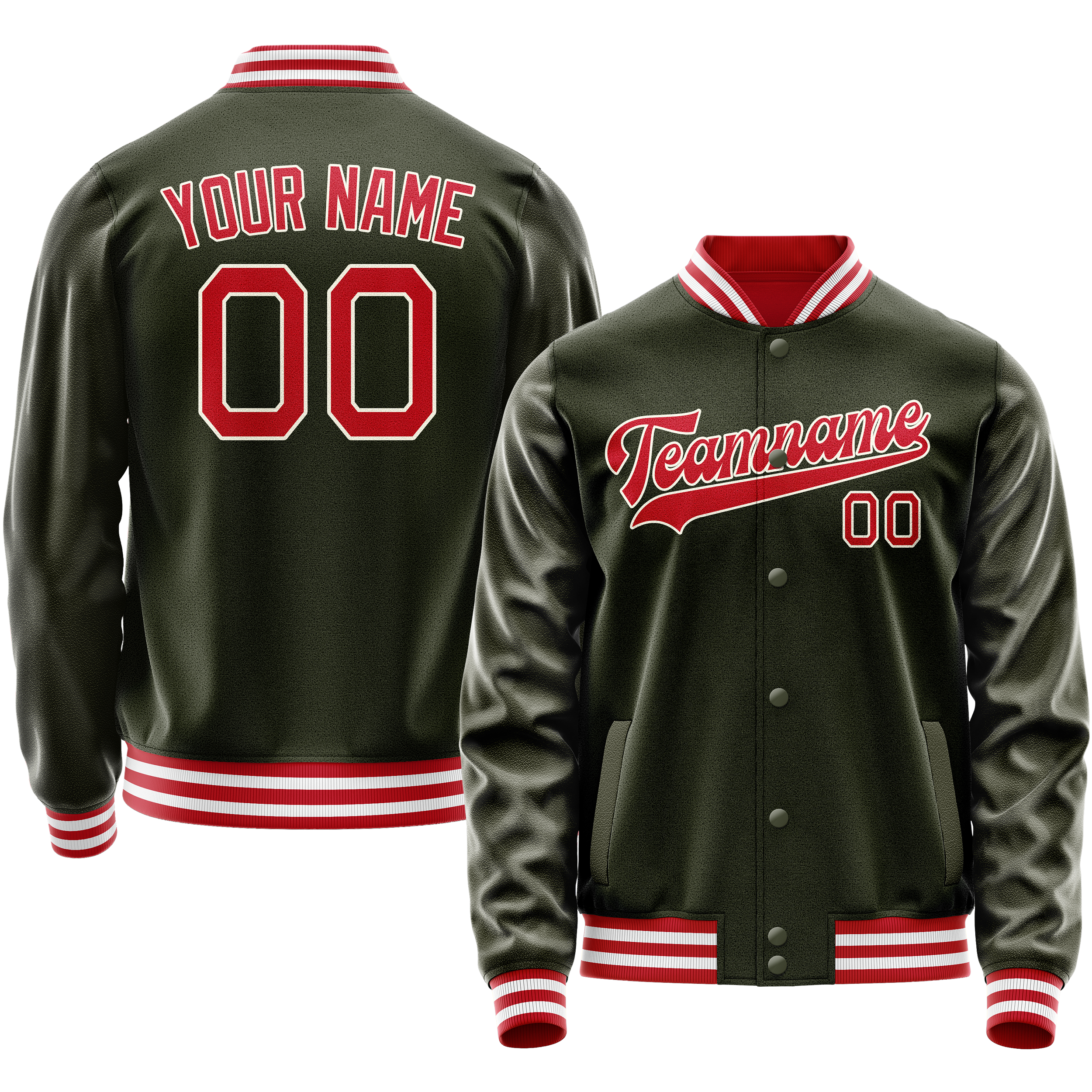 Personalized Olive & Red Solid Color Varsity Letterman Jacket
