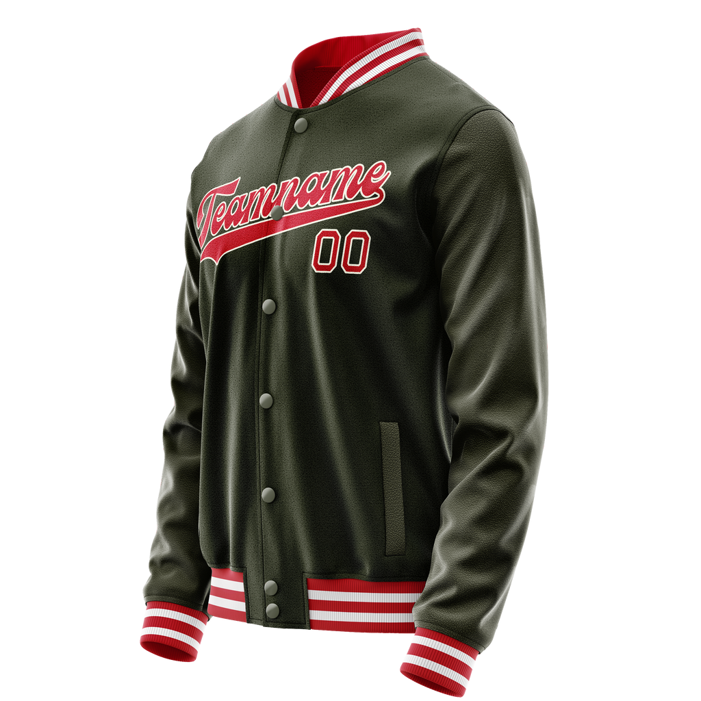 Personalized Olive & Red Solid Color Varsity Letterman Jacket