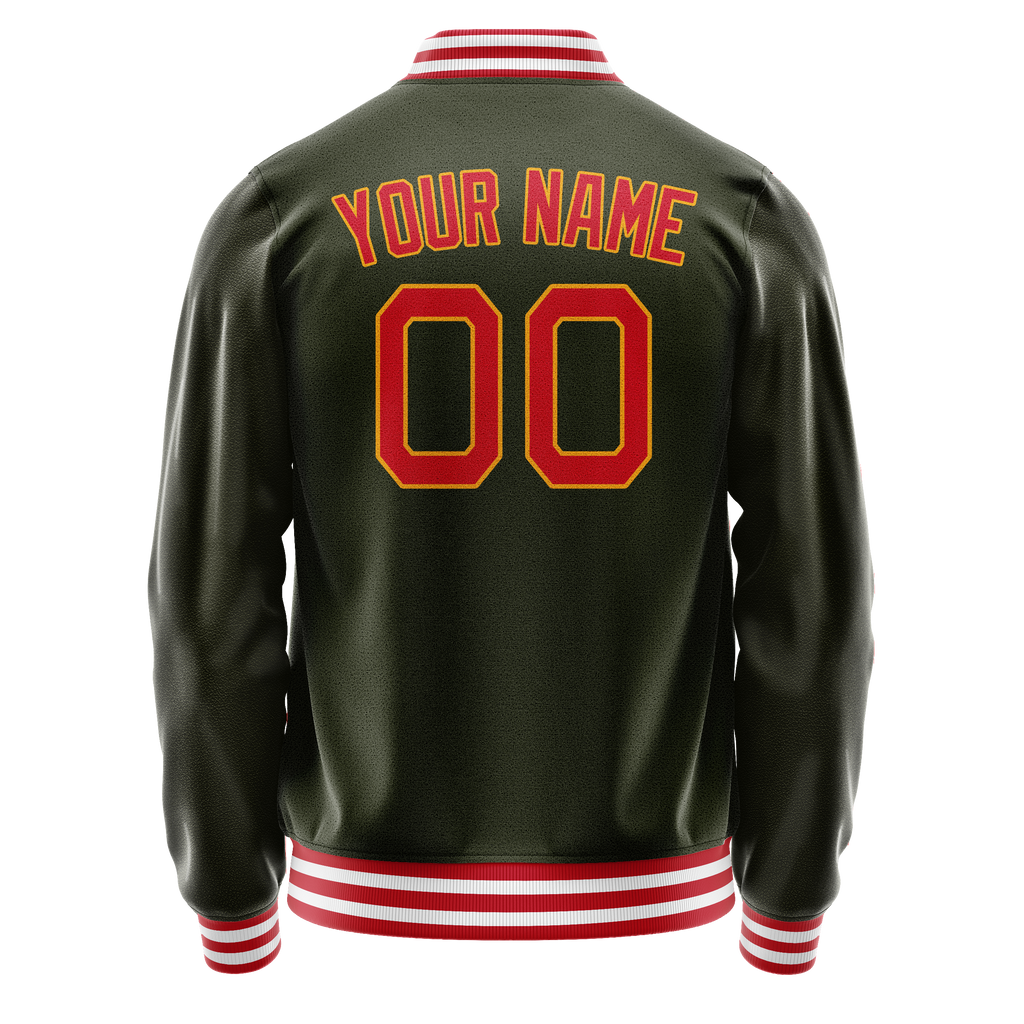 Personalized Olive & Red Solid Color Varsity Letterman Jacket