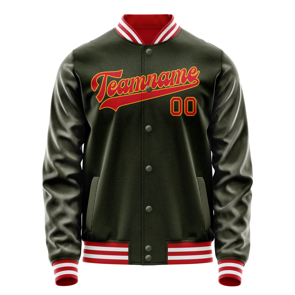 Personalized Olive & Red Solid Color Varsity Letterman Jacket