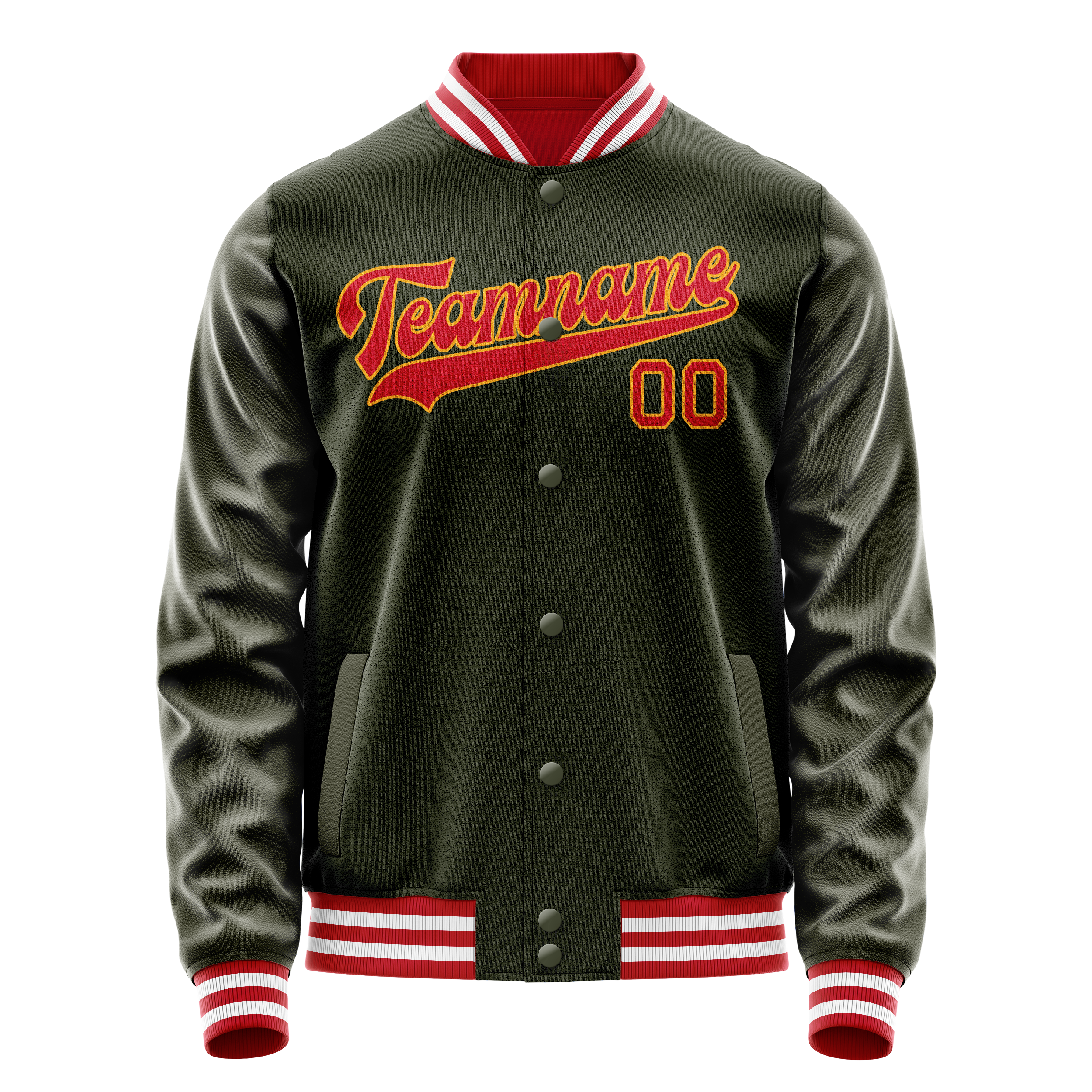 Personalized Olive & Red Solid Color Varsity Letterman Jacket