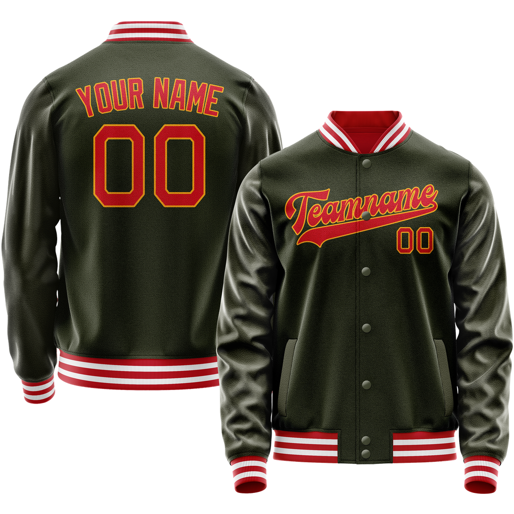 Personalized Olive & Red Solid Color Varsity Letterman Jacket