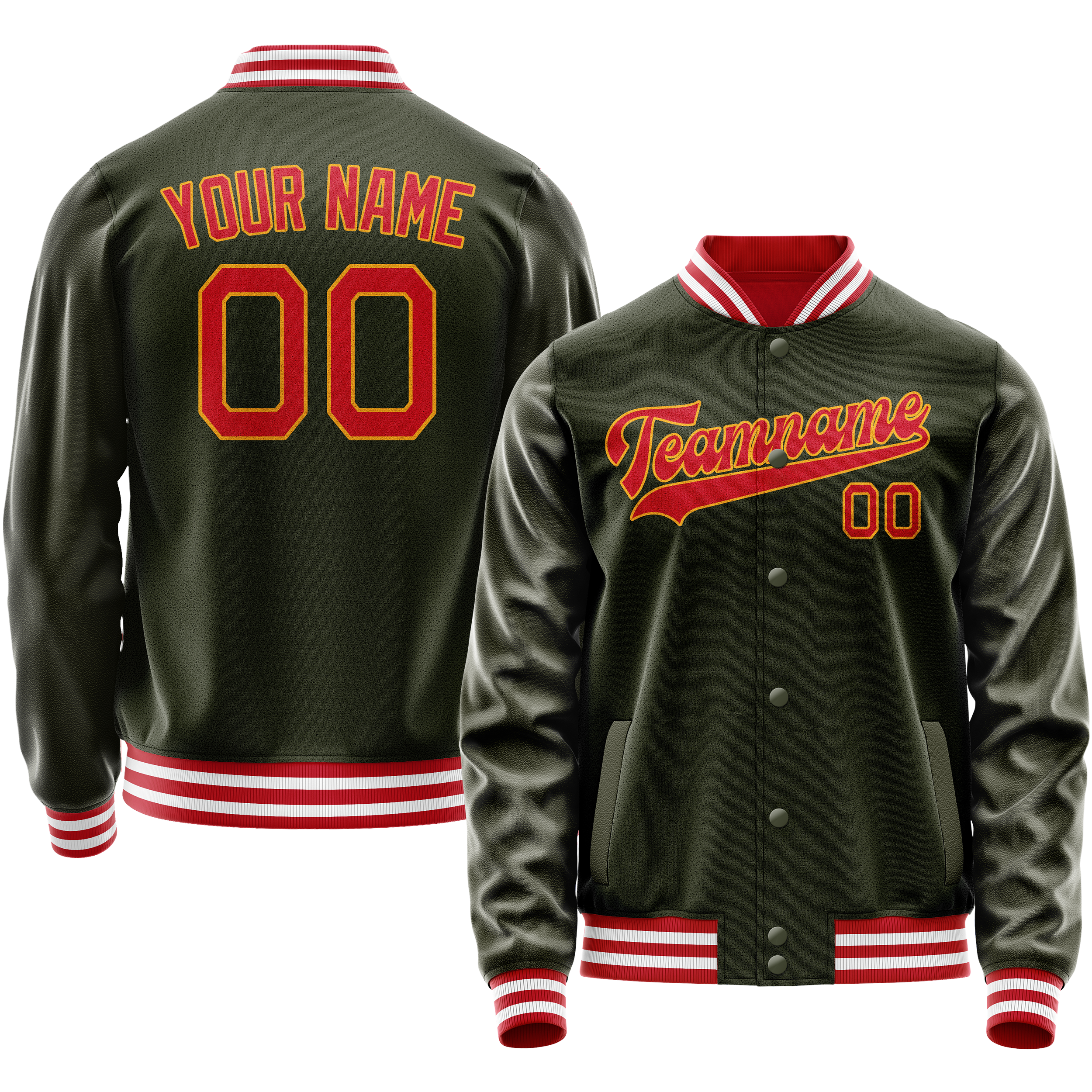 Personalized Olive & Red Solid Color Varsity Letterman Jacket