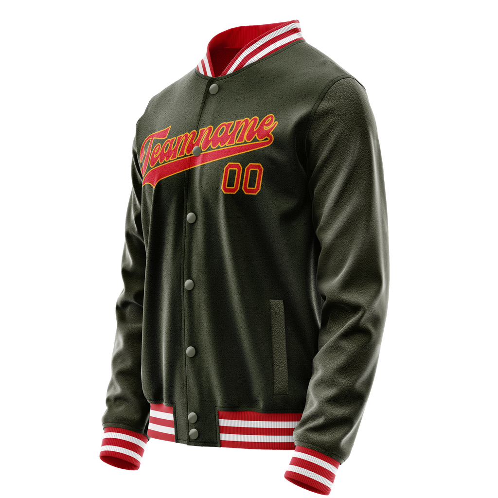 Personalized Olive & Red Solid Color Varsity Letterman Jacket