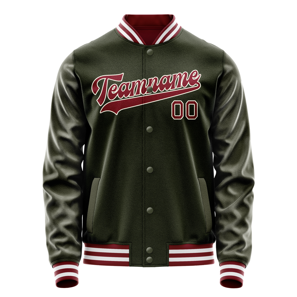 Personalized Olive & Red Solid Color Varsity Letterman Jacket