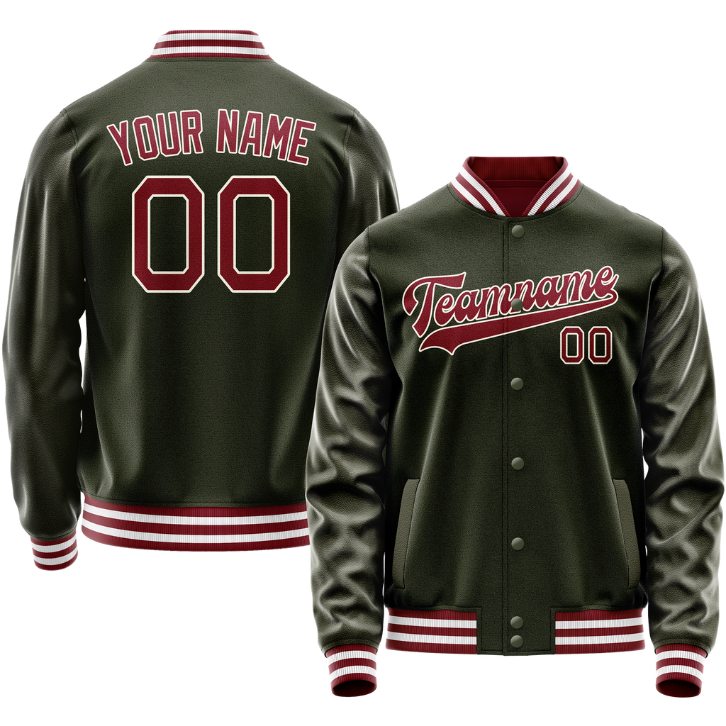 Personalized Olive & Red Solid Color Varsity Letterman Jacket