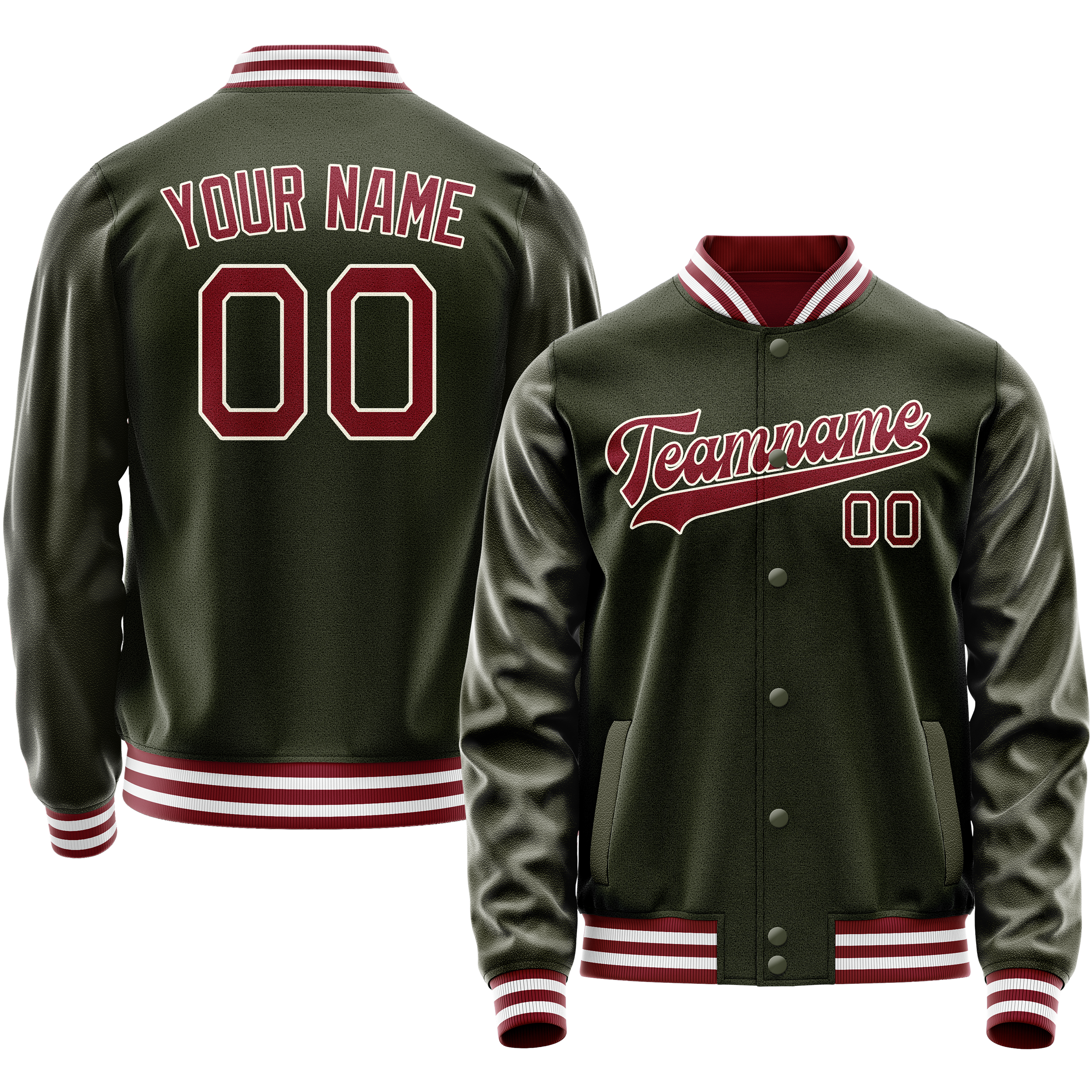 Personalized Olive & Red Solid Color Varsity Letterman Jacket
