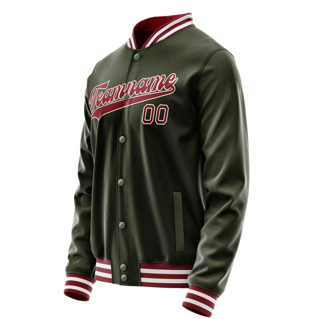 Personalized Olive & Red Solid Color Varsity Letterman Jacket