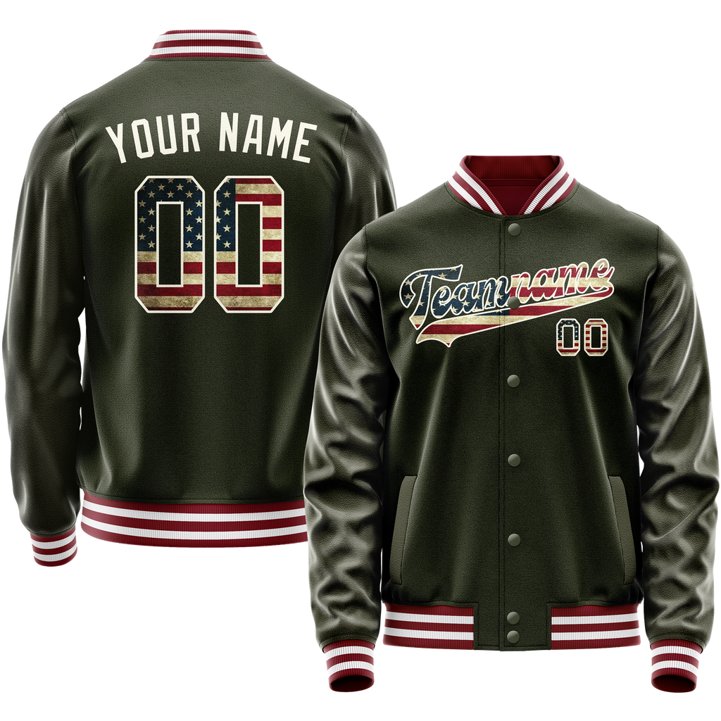 Personalized Olive & Cream Vintage Usa Flag Varsity Letterman Jacket